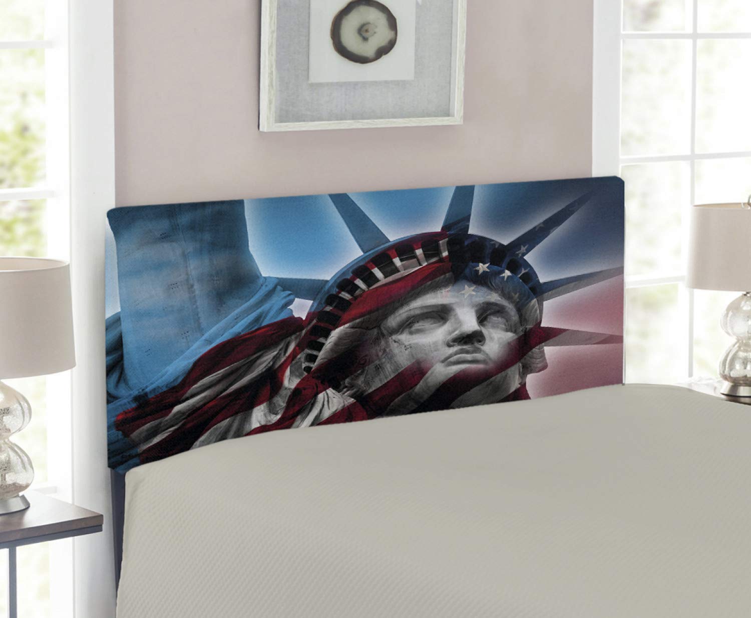 Ambesonne USA Patriotic Headboard - Liberty & American Flag Double Exposure Design, Upholstered Metal Bed Frame with Memory Foam, Twin Size Multicolor Headboard for Bedroom Decor | Perfect for Independence Day, Memorial Day & Patriotic Home Decor
