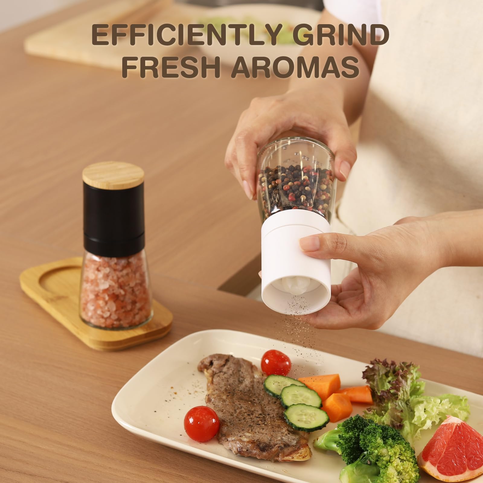 Premium VUCCHINI Salt and Pepper Grinder Set - Refillable Bamboo Lid & Wood Stand - Adjustable Coarseness for Sea Salt, Black Pepper - Perfect for Kitchen, Dining Table & BBQ Party Gifts