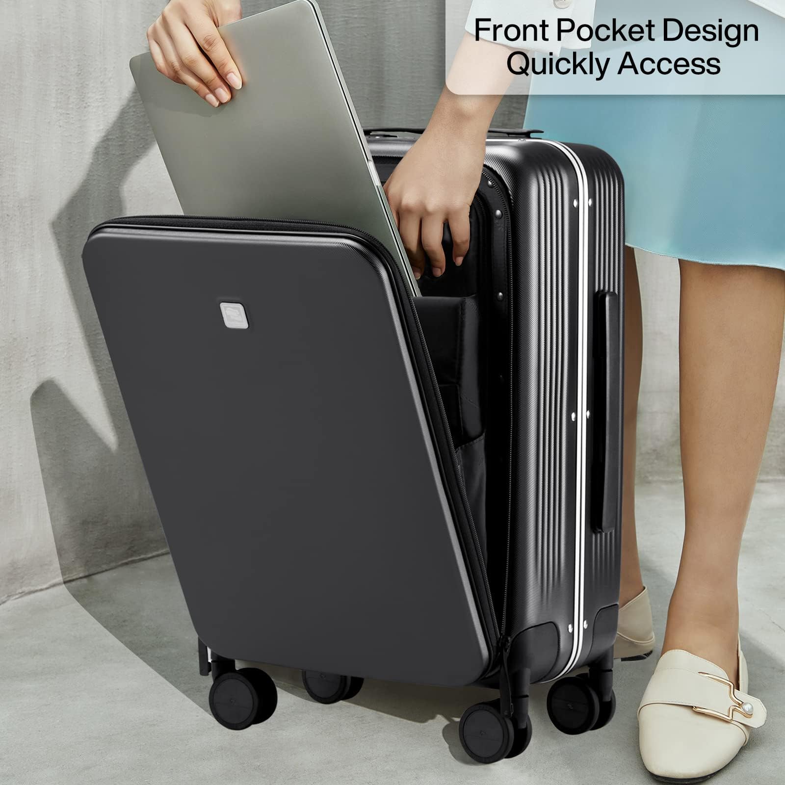 Hanke Grace 20 Inch Hard Shell Carry On Luggage with Wheels - Airline Approved Aluminum Frame Suitcase with Front Pocket for Business Travel & Short Trips (Jet Black) | Perfect for Business Professionals & Weekend Getaways
