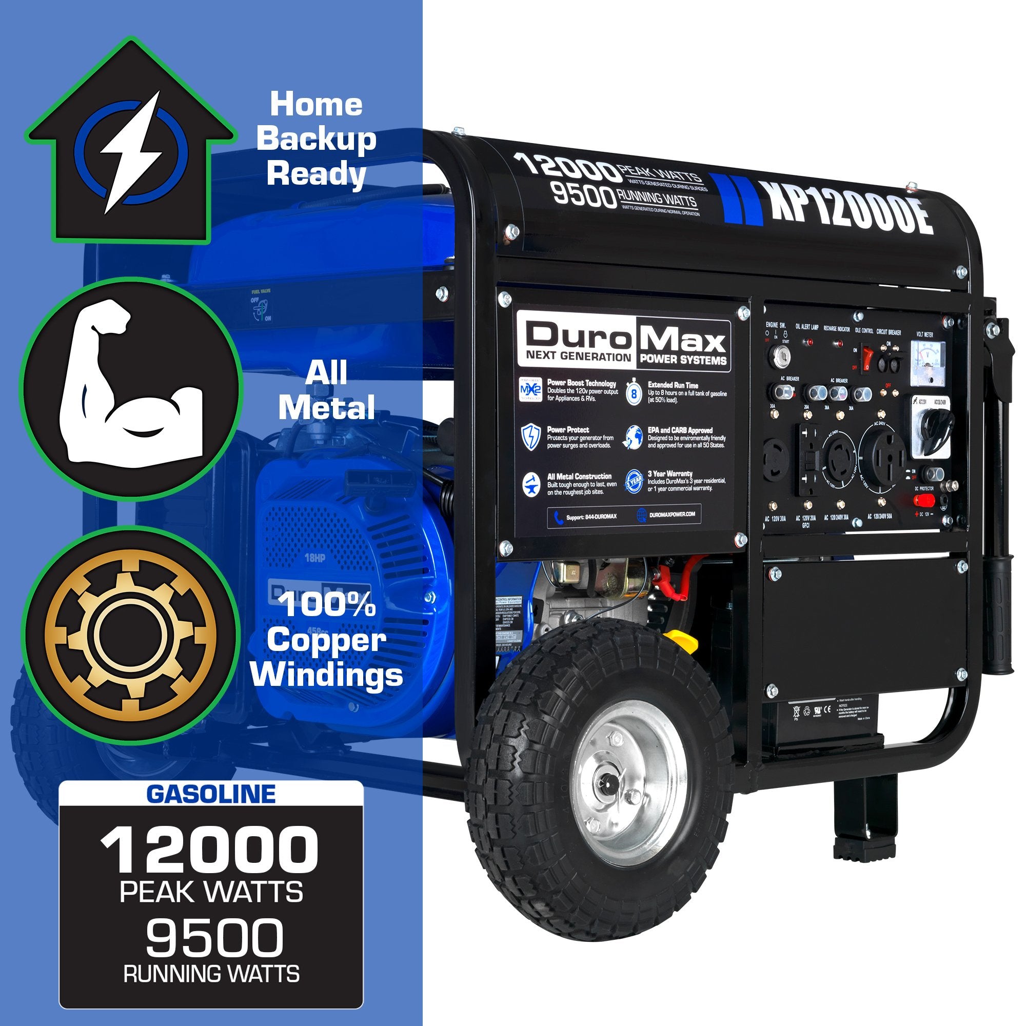 DuroMax XP12000E 9500W/12000W Dual Fuel Portable Generator with Electric Start - Ideal for Home Backup Power, Camping & Emergency Use