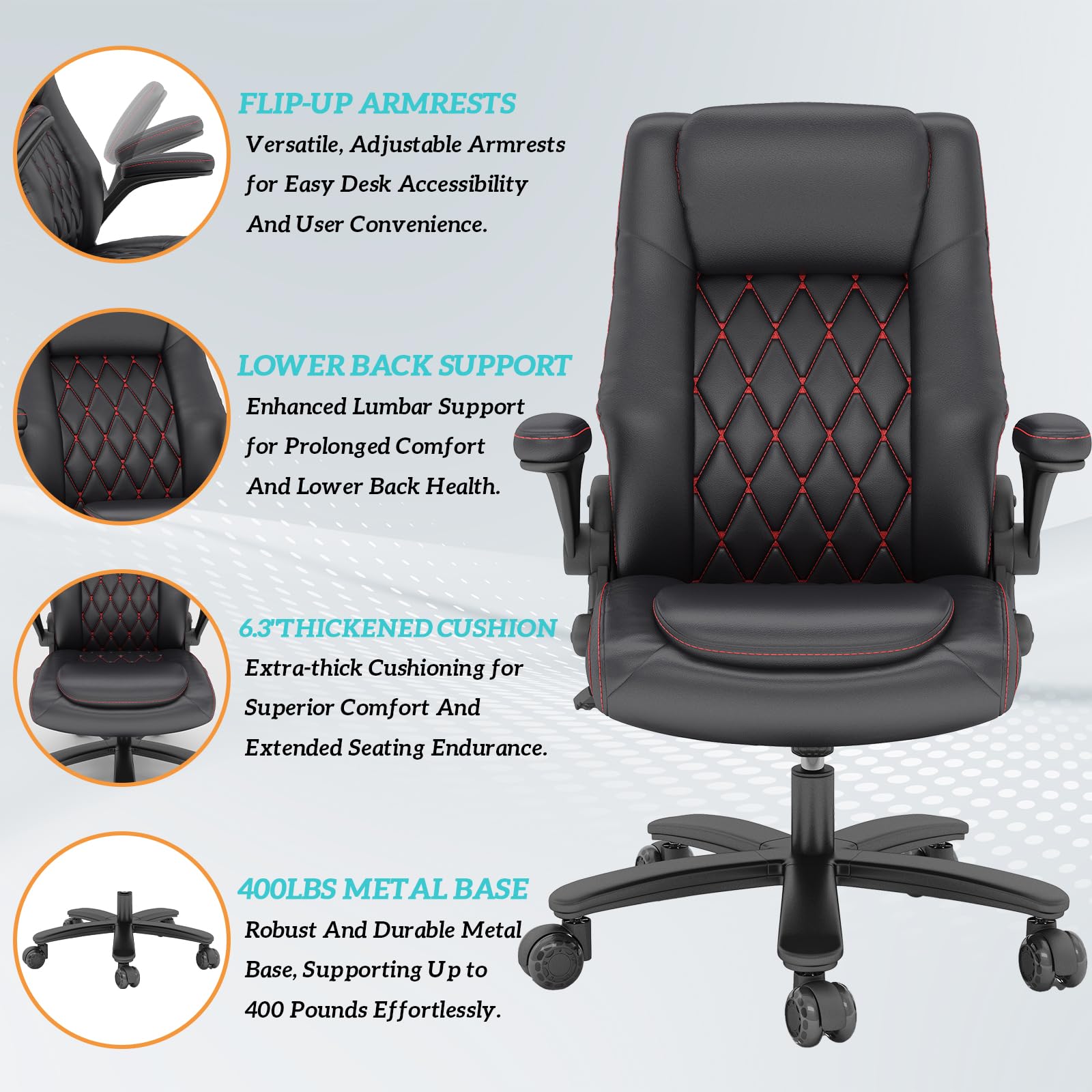 Premium High Back Executive Office Chair for Big & Tall - 400LBS Weight Capacity with Lumbar Support, Flip-Up Armrests & Smooth-Rolling Rubber Wheels - Ergonomic Desk Chair for Home Office, Conference Rooms & Executive Suites (Black)
