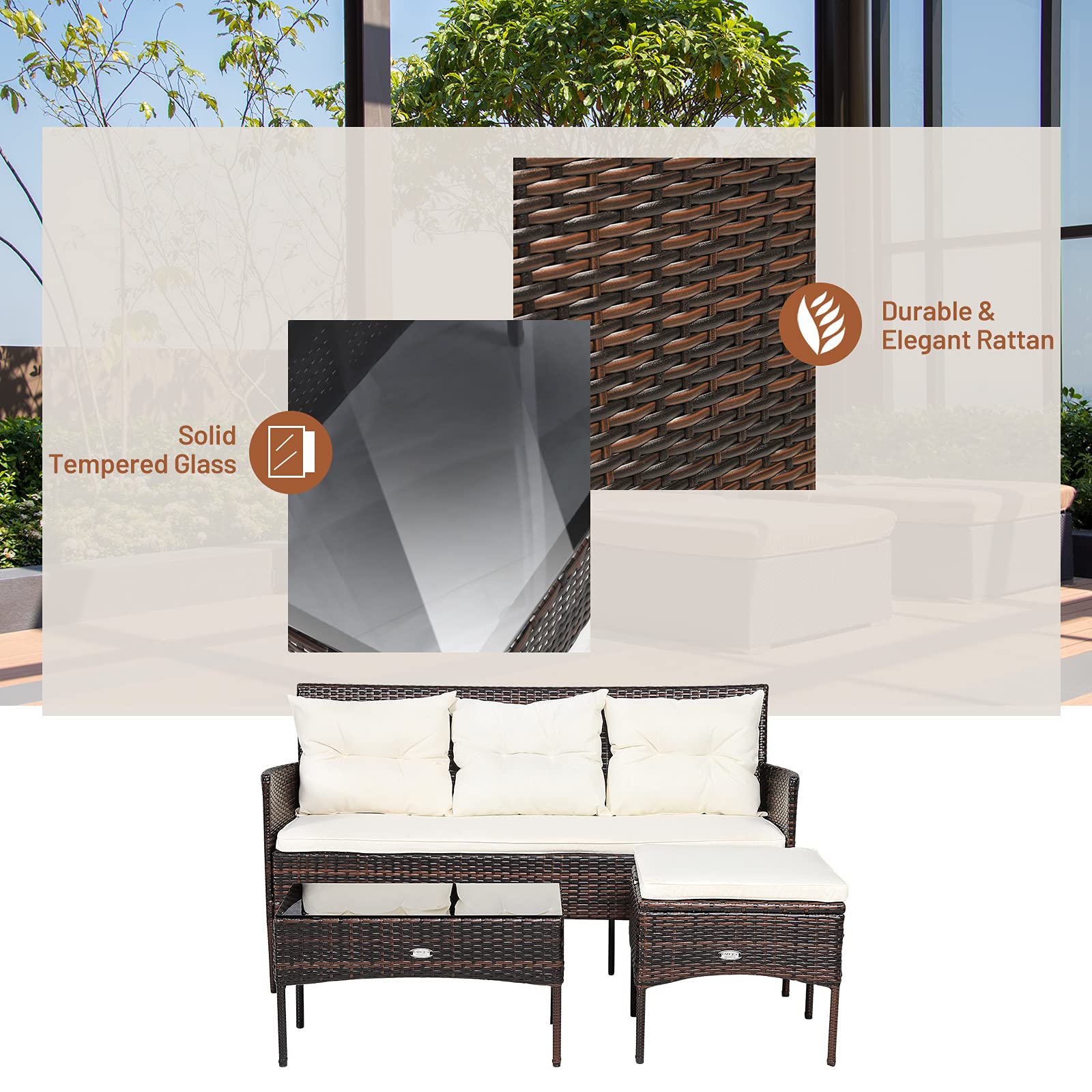 RELAX4LIFE 3-Piece Outdoor Patio Furniture Set with Rattan Wicker Sectional Sofa, 5 Comfortable Cushions & Tempered Glass Coffee Table - Perfect for Poolside, Garden, Balcony or Backyard (Beige & Brown)
