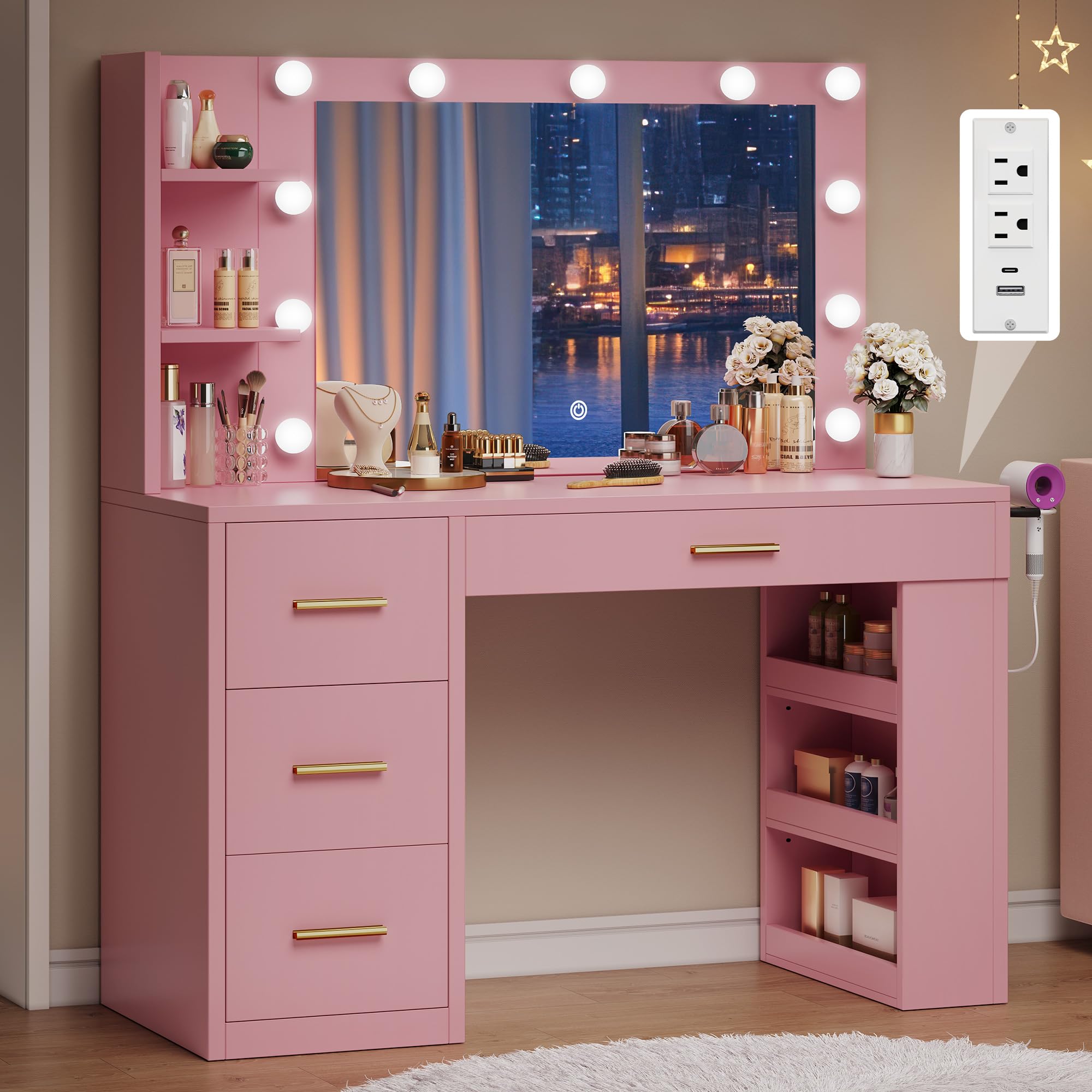 YITAHOME Pink Makeup Vanity Table with Mirror, Lights & Charging Station - 39.5 Inch Beauty Desk with 3 Storage Shelves & Comfortable Bench - Perfect for Bedroom, Dressing Room & Gift for Women