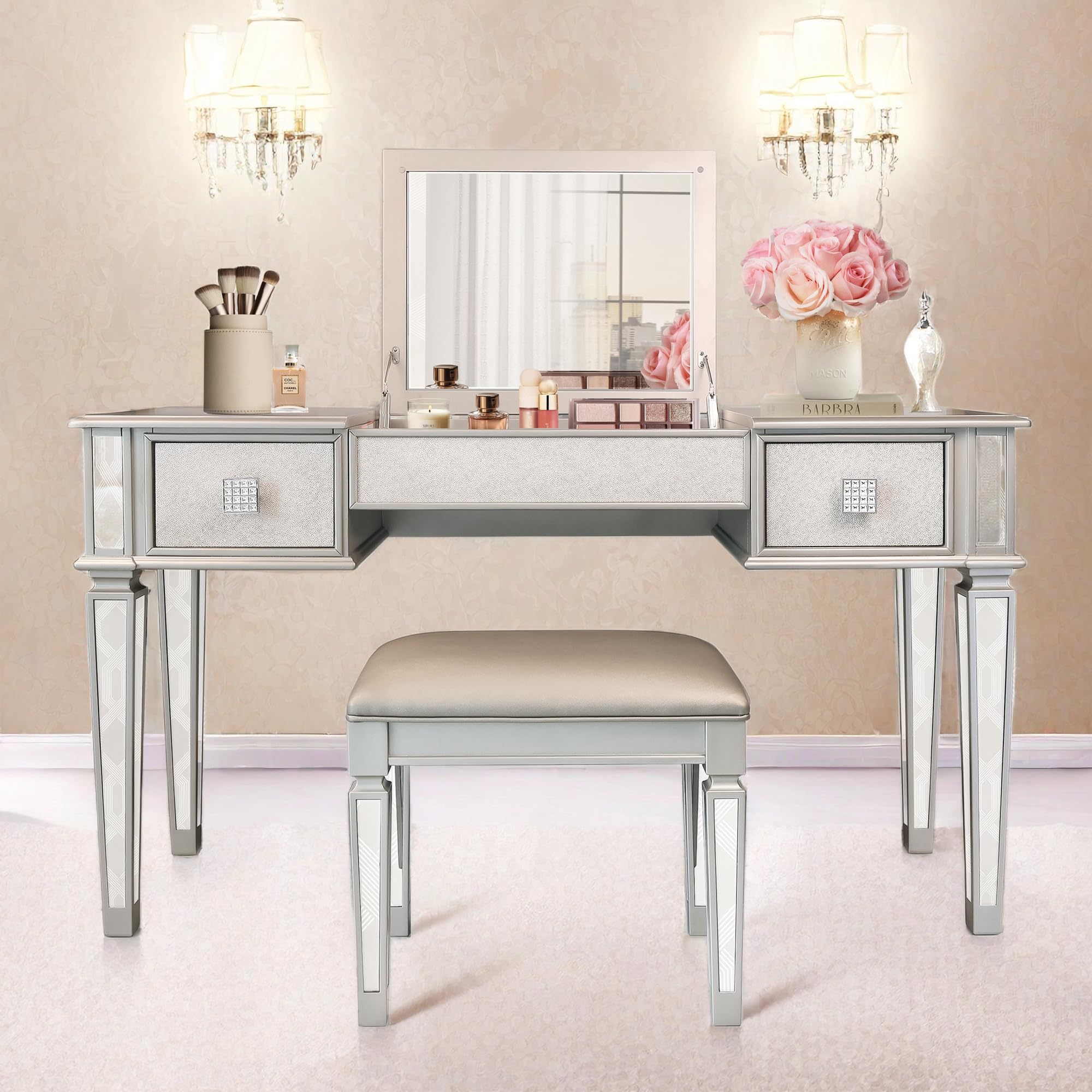 Classic Silver Makeup Vanity Desk with Mirror, Drawers & Stool - Flip-Up Dressing Table for Bedroom, Studio & Home Beauty Space - Perfect for Makeup Application, Hair Styling & Vanity Organization