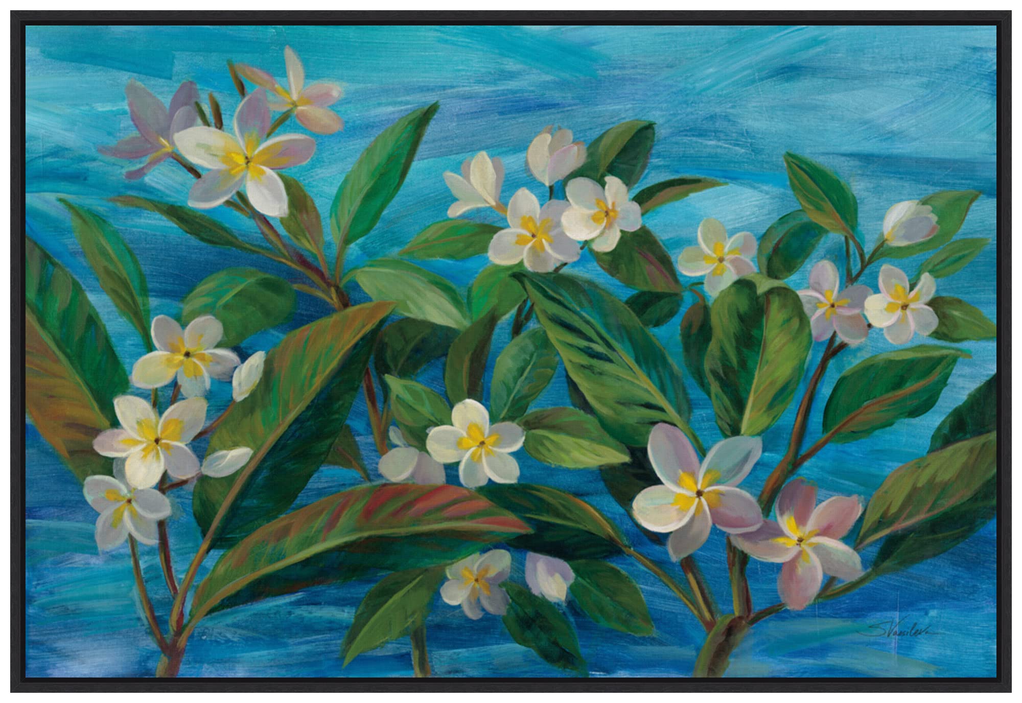 Amanti Art Framed Canvas Wall Art - 23x33 Inches Oceanside Plumeria Floral Painting by Silvia Vassileva, Modern Framed Flower Canvas Artwork for Living Room, Bedroom, Bathroom Decor | Perfect for Home, Office & Gift Giving