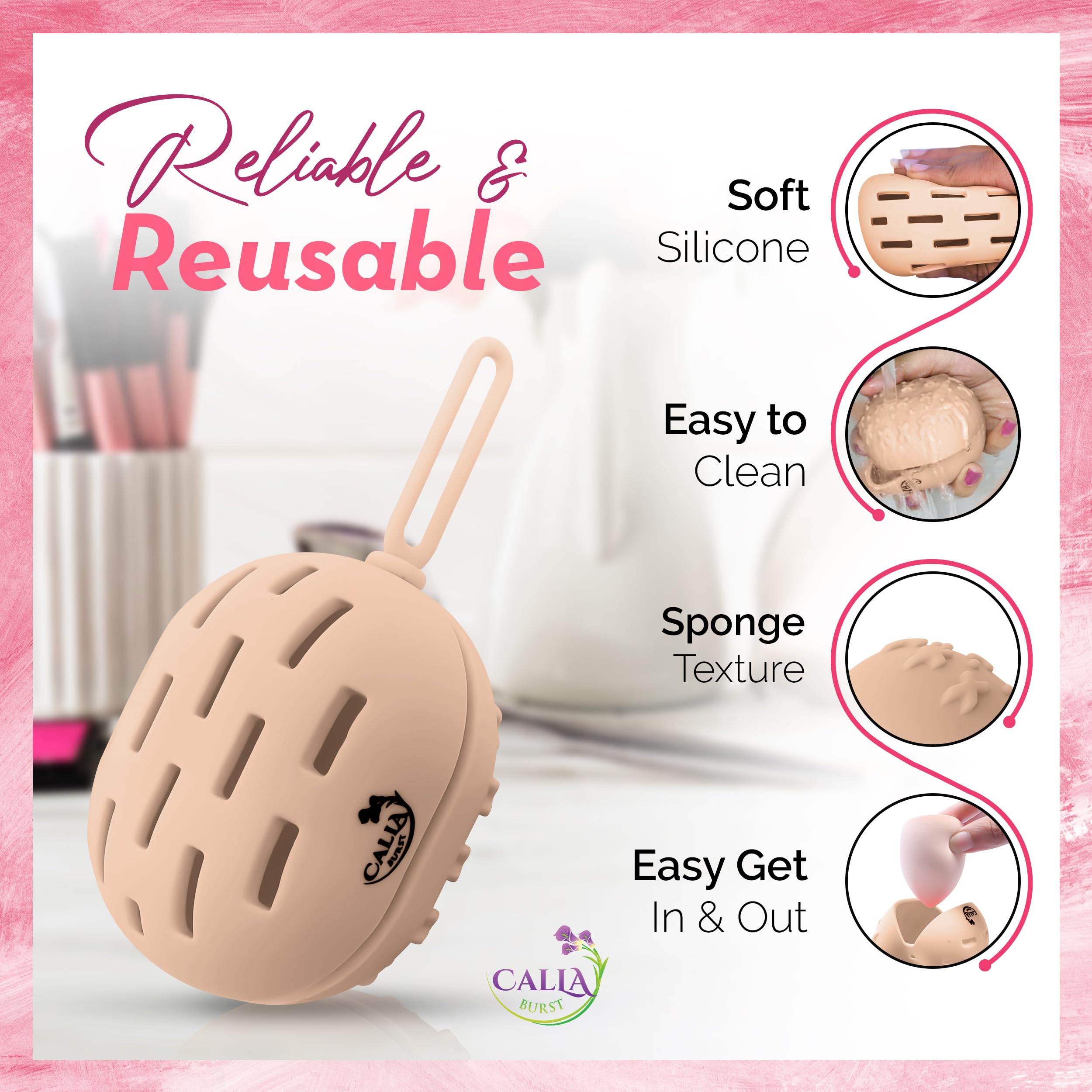CallaBurst - Vented Silicone Beauty Blender Case for Makeup Sponge | Washable & Reusable Travel Organizer | Portable Cosmetic Storage for Women | Perfect for Travel, Gym & Daily Makeup Routine (Tan)