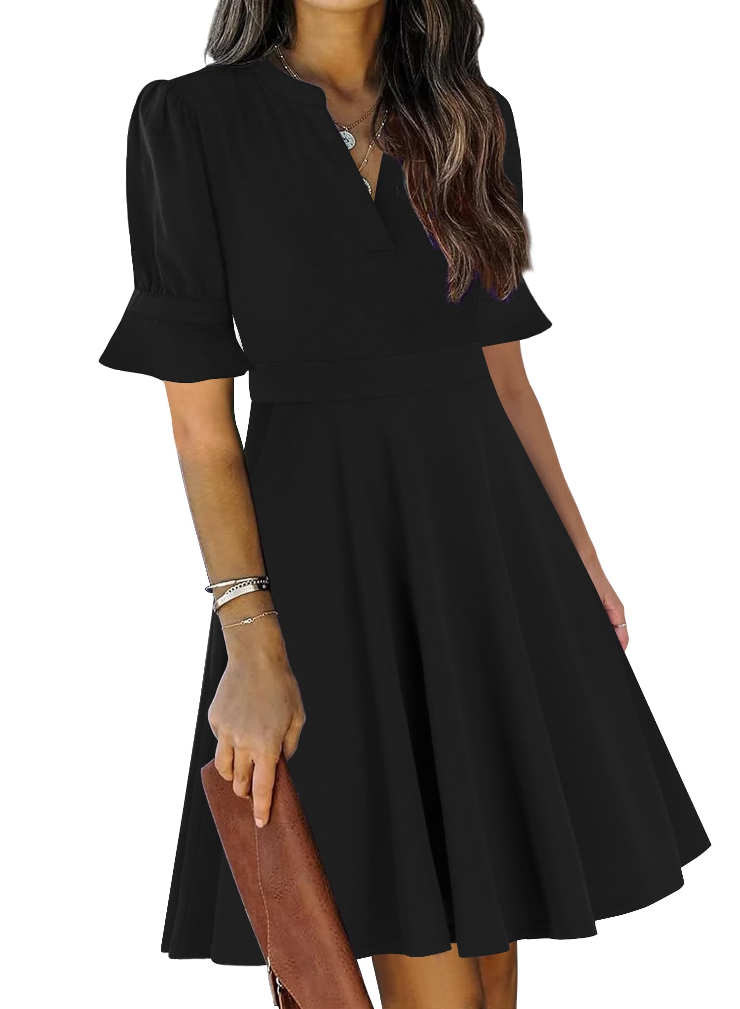Mokayee Women's Summer V-Neck Ruffle Short Sleeve Fit and Flare Knee-Length Dress with Pockets - Perfect for Church, Wedding Guest, Party & Casual Occasions