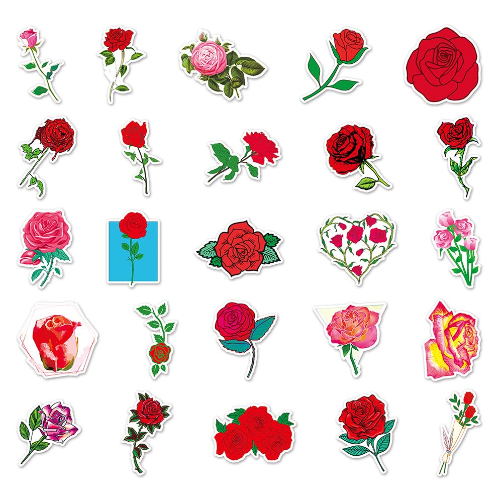 50 Pcs Waterproof Rose Vinyl Stickers - Decorative Floral Decals for Water Bottles, Laptops, Luggage, Skateboards & More | DIY Home, Office, School, Gift & Party Decorations