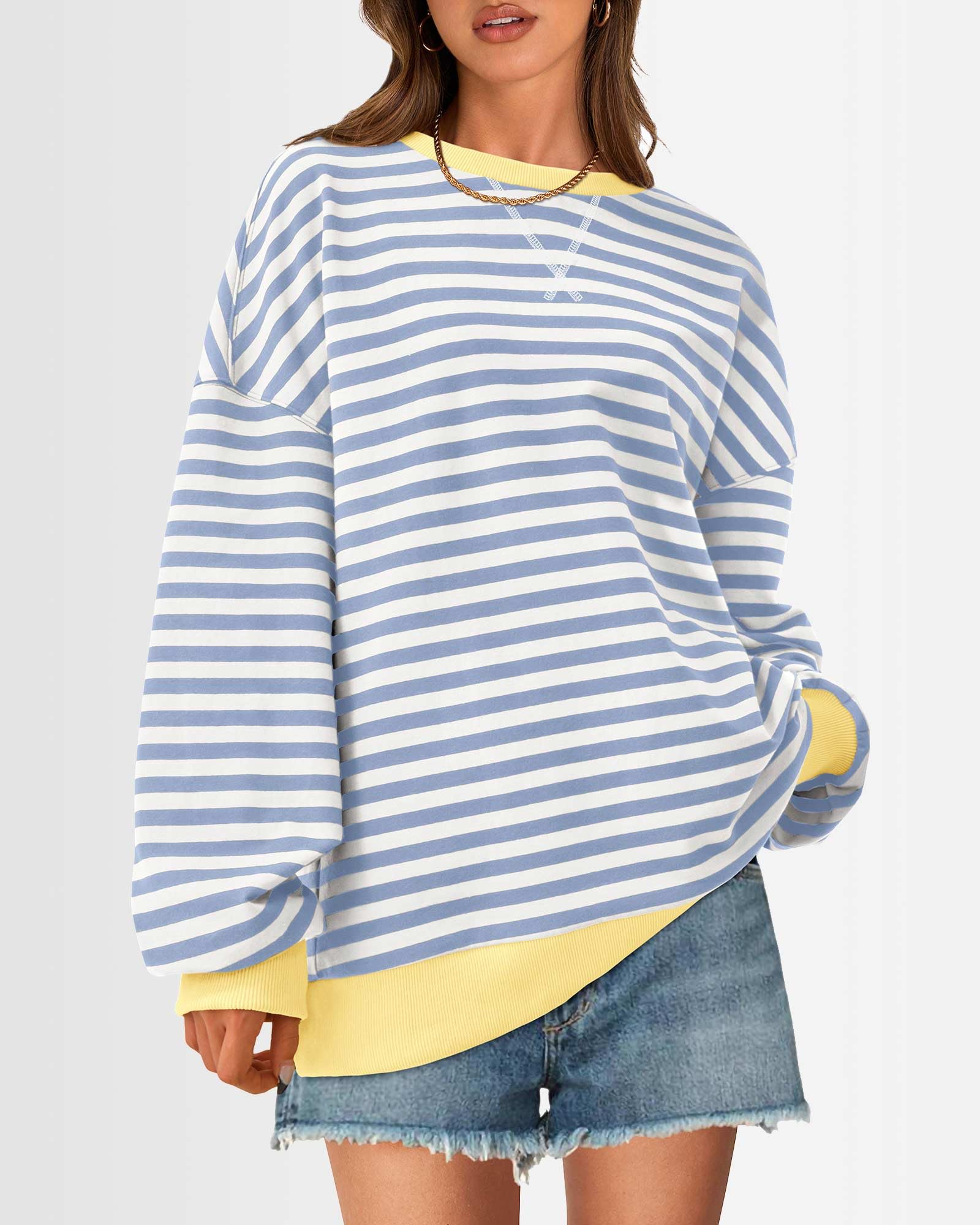 BTFBM Women's Striped Pullover Sweatshirt - Soft Long Sleeve Crewneck Y2K Loose Fit Top for Fall 2025 | Trendy Casual Outfit for Streetwear, College, and Weekend Hangouts