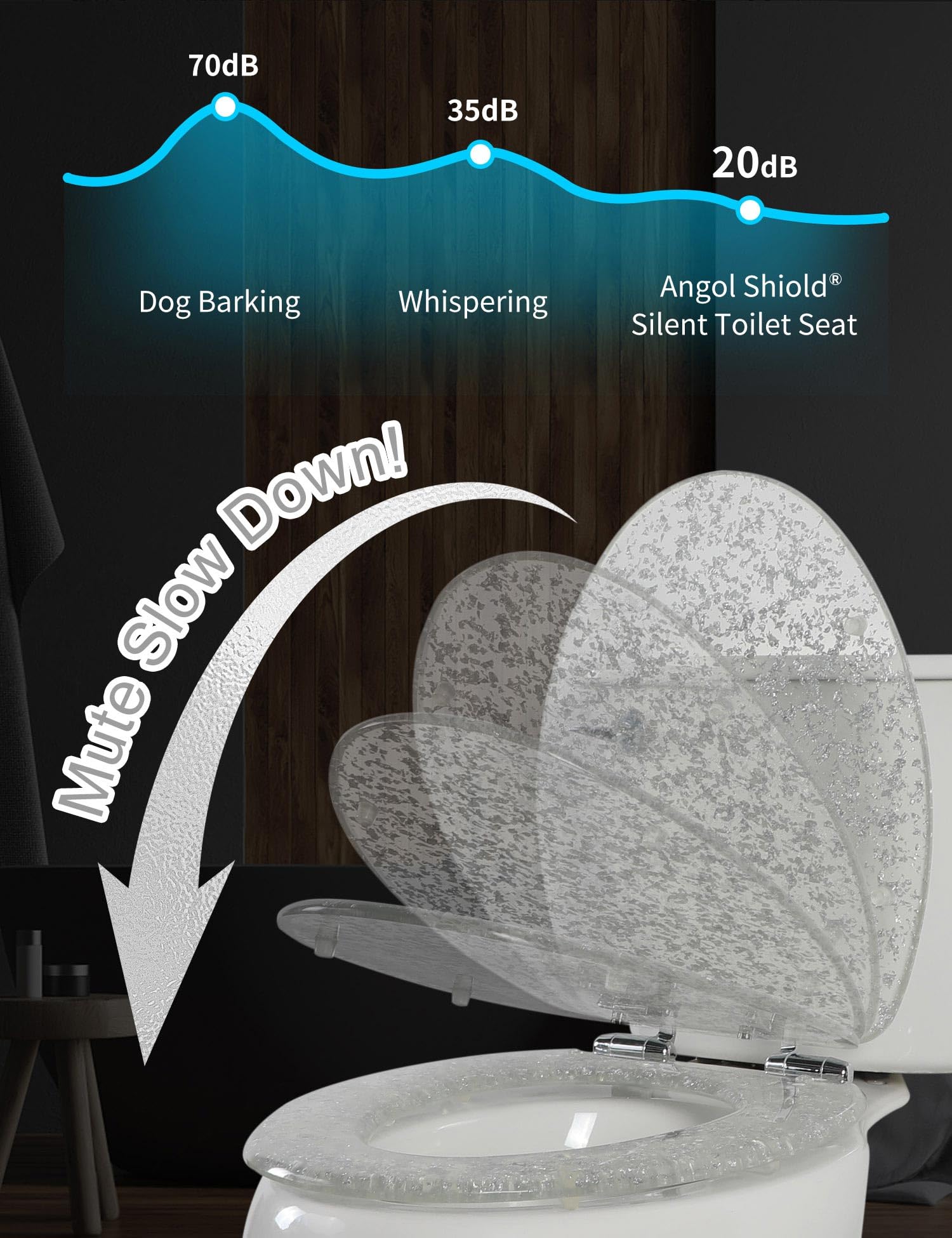 Glitter Silver Resin Elongated Toilet Seat with Slow Quiet-Close Lid - Heavy Duty Standard Size Toilet Seat (19 Inch, Silver Foil, Upgraded Hinge) - Easy Installation & Cleaning for Bathroom, Home & Commercial Use