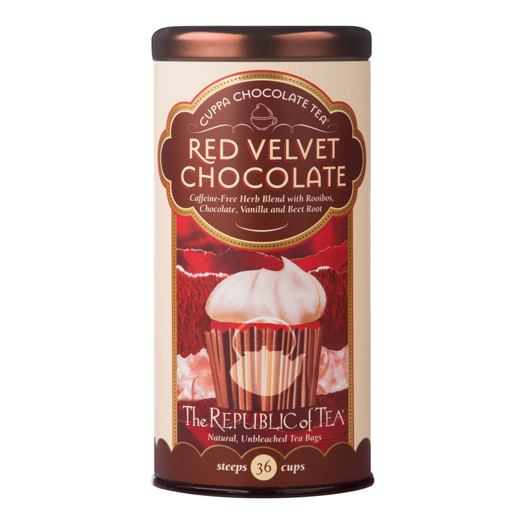 The Republic of Tea Red Velvet Cuppa Chocolate Tea Bags - 36 Count Tin | Decadent Chocolate Flavored Herbal Tea for Dessert Lovers & Afternoon Tea Time