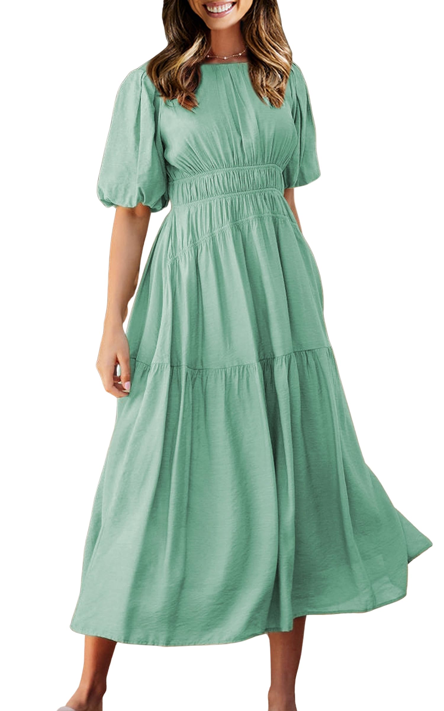 ECOWISH Women's Summer Casual Dress 2025 - Short Puff Sleeve, Crew Neck, Smocked High Waist A-Line Tiered Midi Dress for Beach, Vacation & Outdoor Activities
