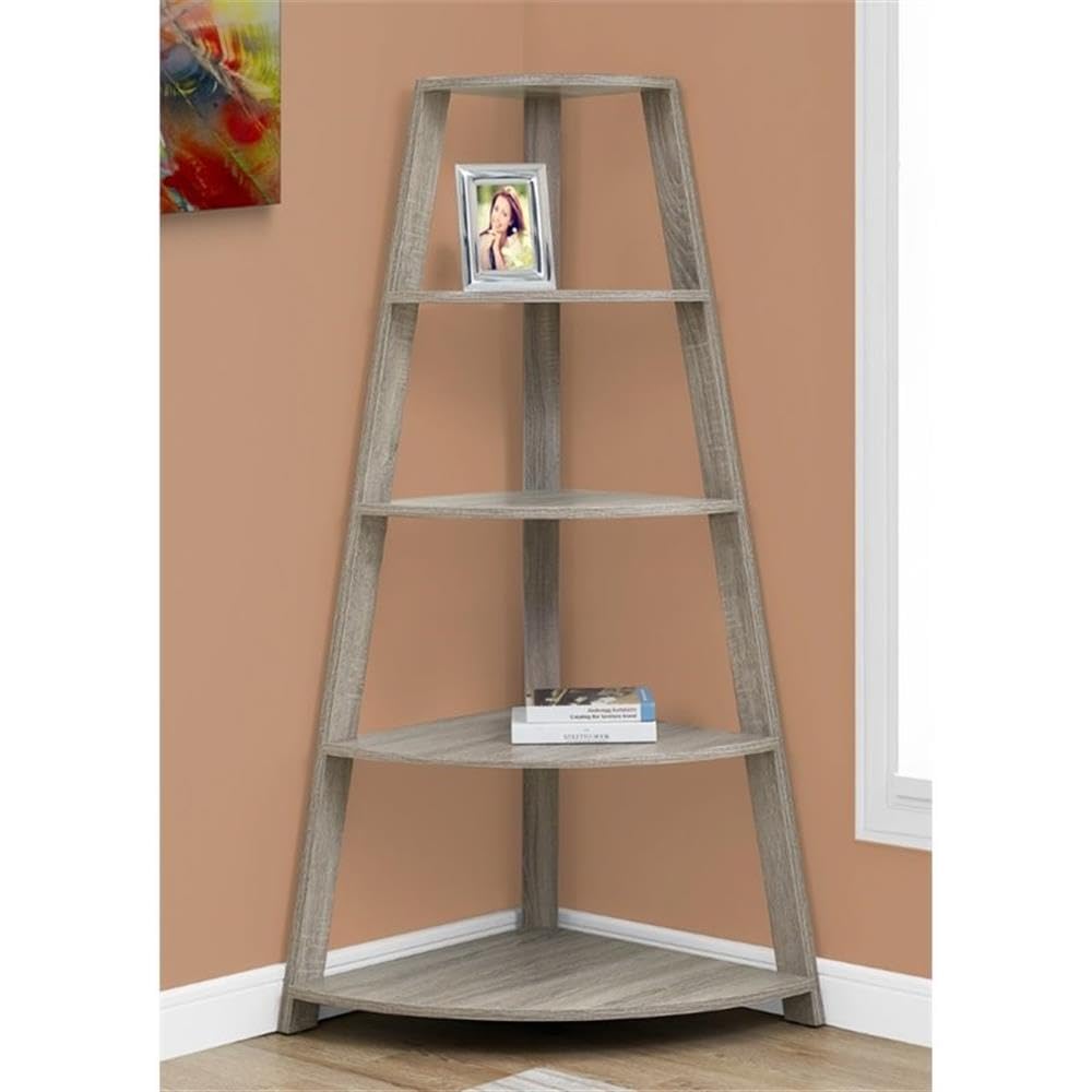 Pemberly Row 4 Shelf Corner Bookcase in Dark Taupe - Space Saving Bookshelf for Living Room, Bedroom & Office - Modern Wooden Storage Solution for Books & Decor
