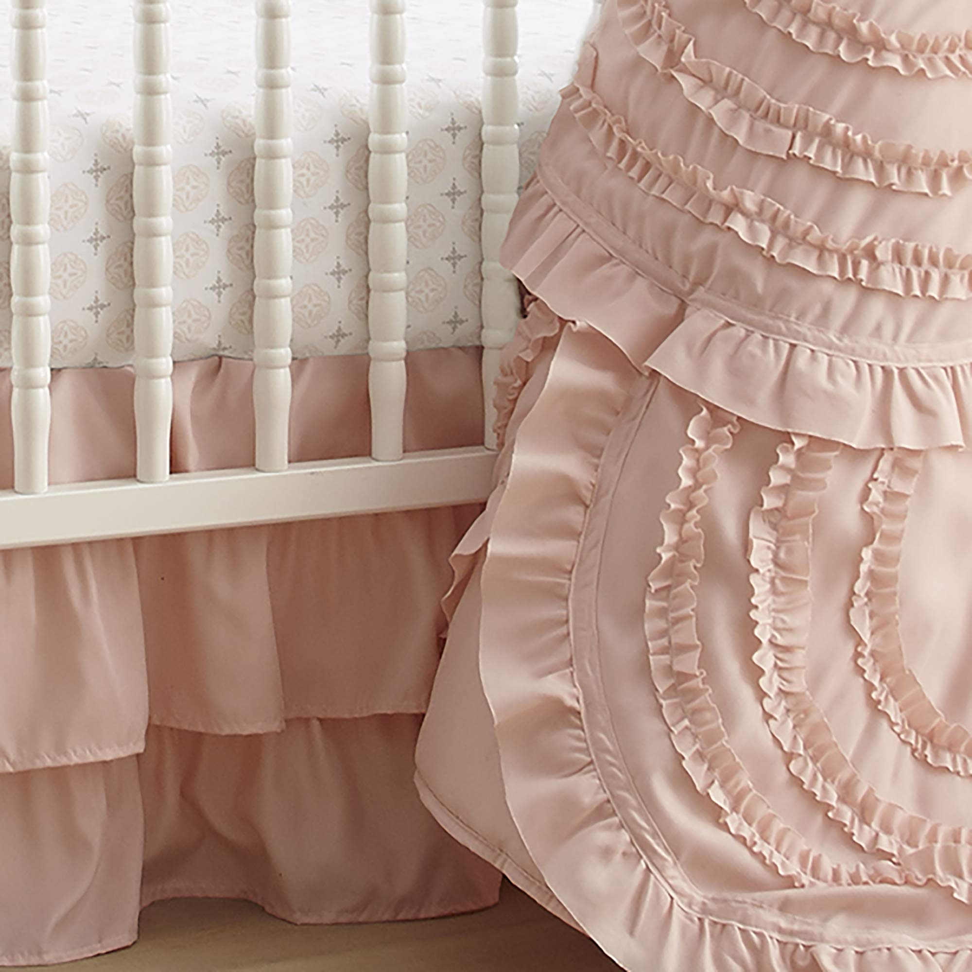 Levtex Baby Skylar 4-Piece Crib Bedding Set - Soft Blush Pink Nursery Set with Quilt, Fitted Sheet, Dust Ruffle & Wall Decal - Elegant Cascading Ruffles Design for Baby Girl's Room Decor & Newborn Gift