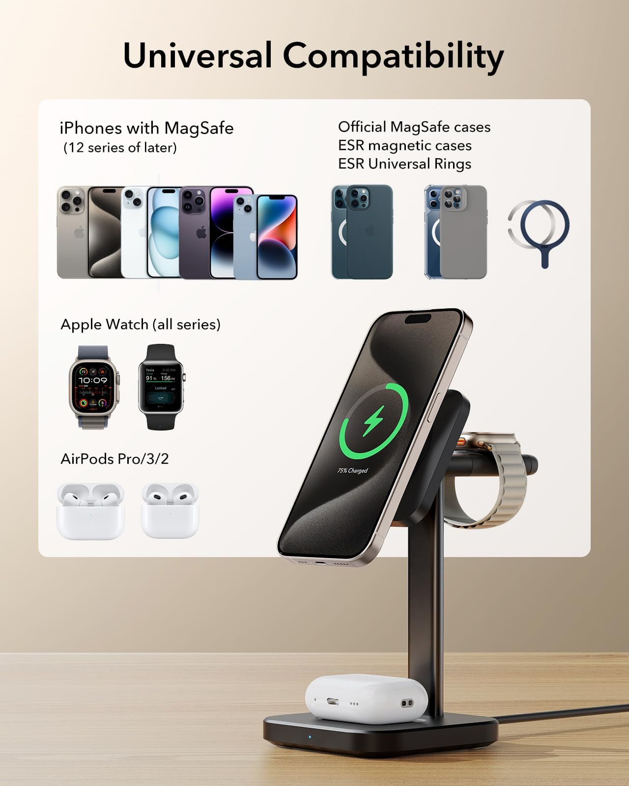 ESR Qi2 Certified 3-in-1 Wireless Charging Station - 15W MagSafe Charger Stand for iPhone 16/15/14/13, Apple Watch Charger & AirPods 4/3 - Fast Wireless Charger for Multiple Devices (Black) | Perfect for Home, Office & Travel Charging