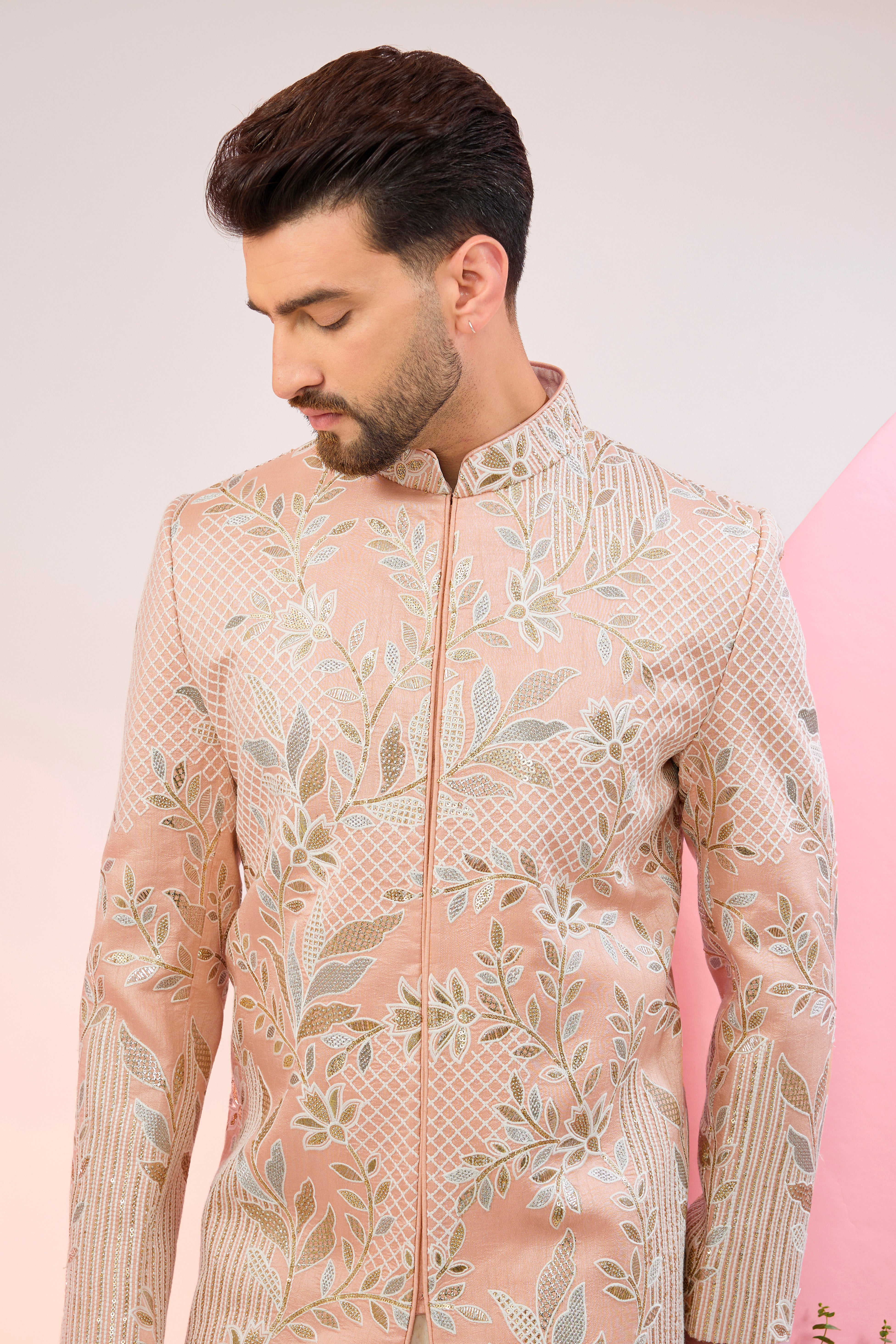 Exquisite Peach Sherwani with Intricate Floral Embroidery & Subtle Sequin Work - Perfect for Weddings, Festivals & Special Occasions