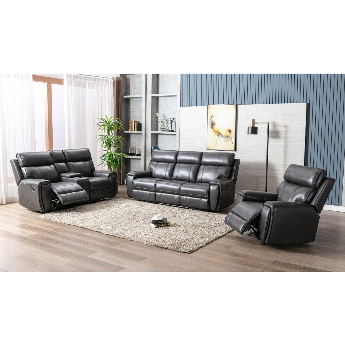 Premium Carnegie Grey Reclining Sofa Set - 3-Piece Comfortable Sectional with Adjustable Headrest & Lumbar Support | Perfect for Living Room, Home Theater & Family Gatherings