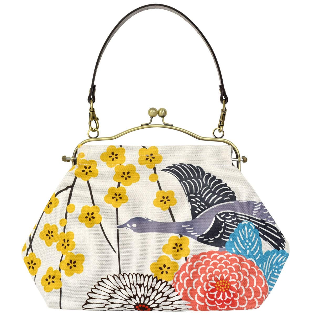 Inokichi Japanese Modern Kimono Bag - Cowhide Handle Kisslock Top-Handle Floral Pattern Mankaiume - Perfect for Casual Outings, Tea Ceremonies & Traditional Events