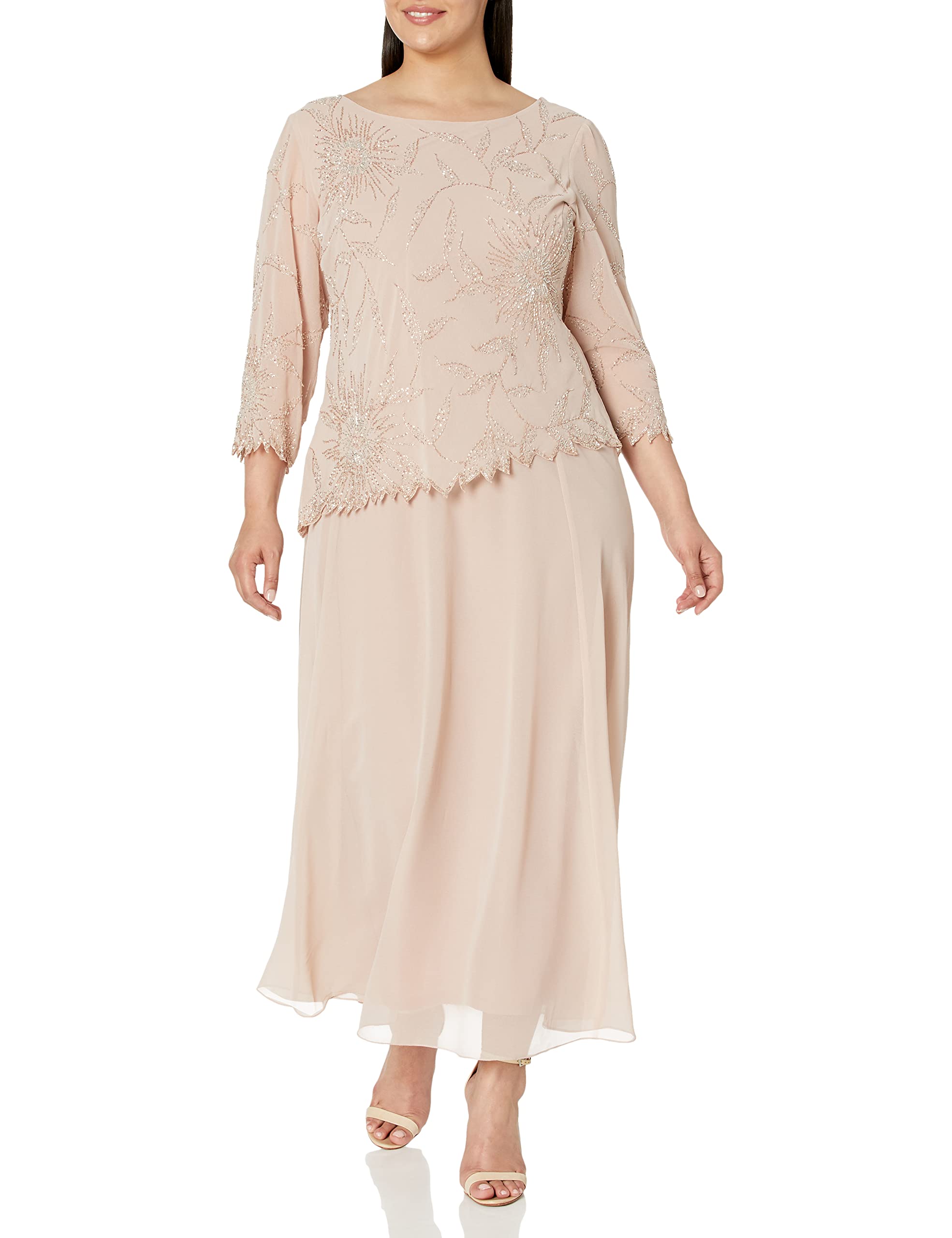J Kara Women's Plus Size 3/4 Sleeve Beaded Floral Asymmetrical Dress - Blush/Multi Color | Elegant Cocktail Party, Wedding Guest & Special Occasion Outfit