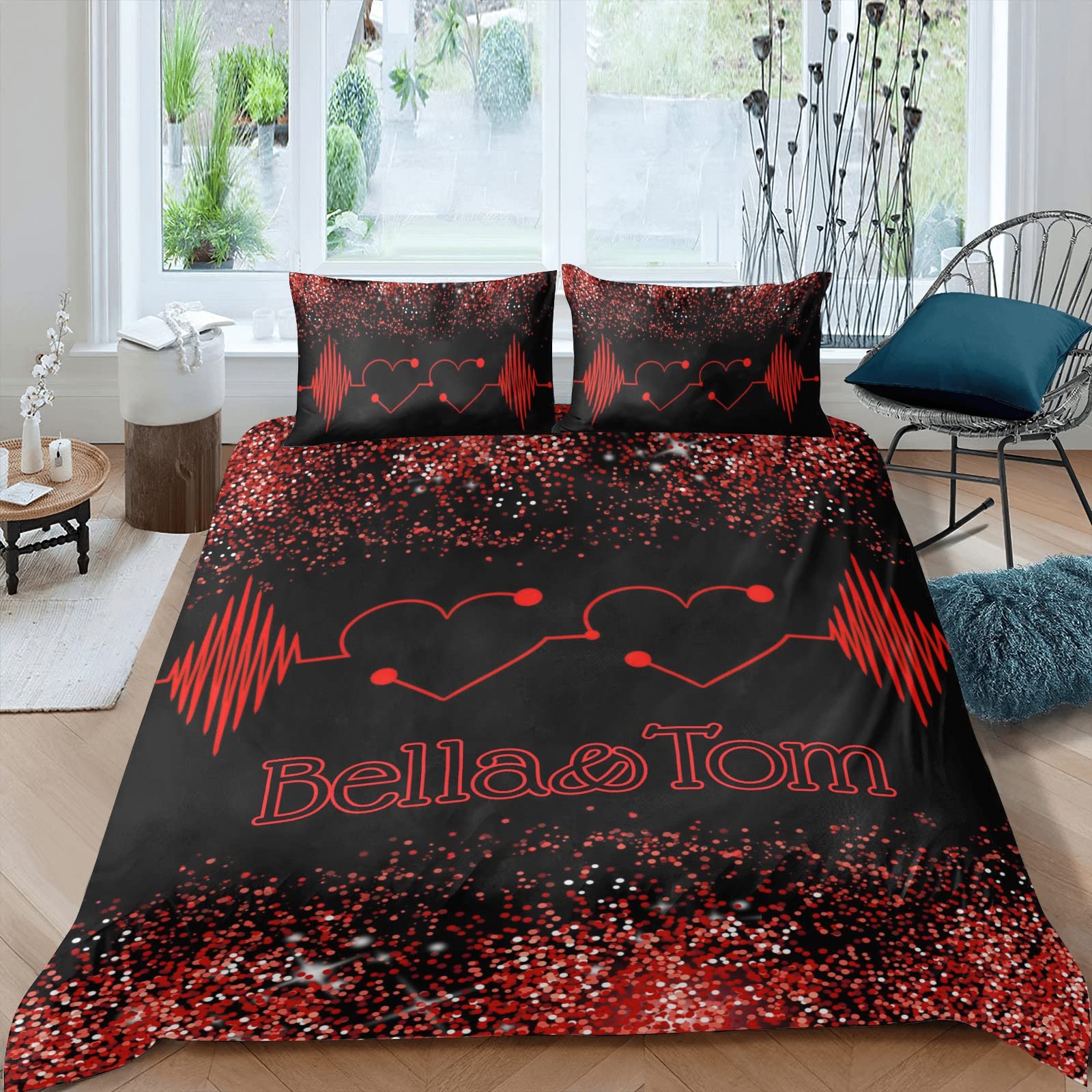 Personalized Black & Red Heart Duvet Cover Set with Custom Name - Queen Size Bedding Set with 2 Pillowcases - Perfect for Birthday, Anniversary & Valentine's Day Gifts - Cozy Bedroom Decor for Couples & Romantic Occasions