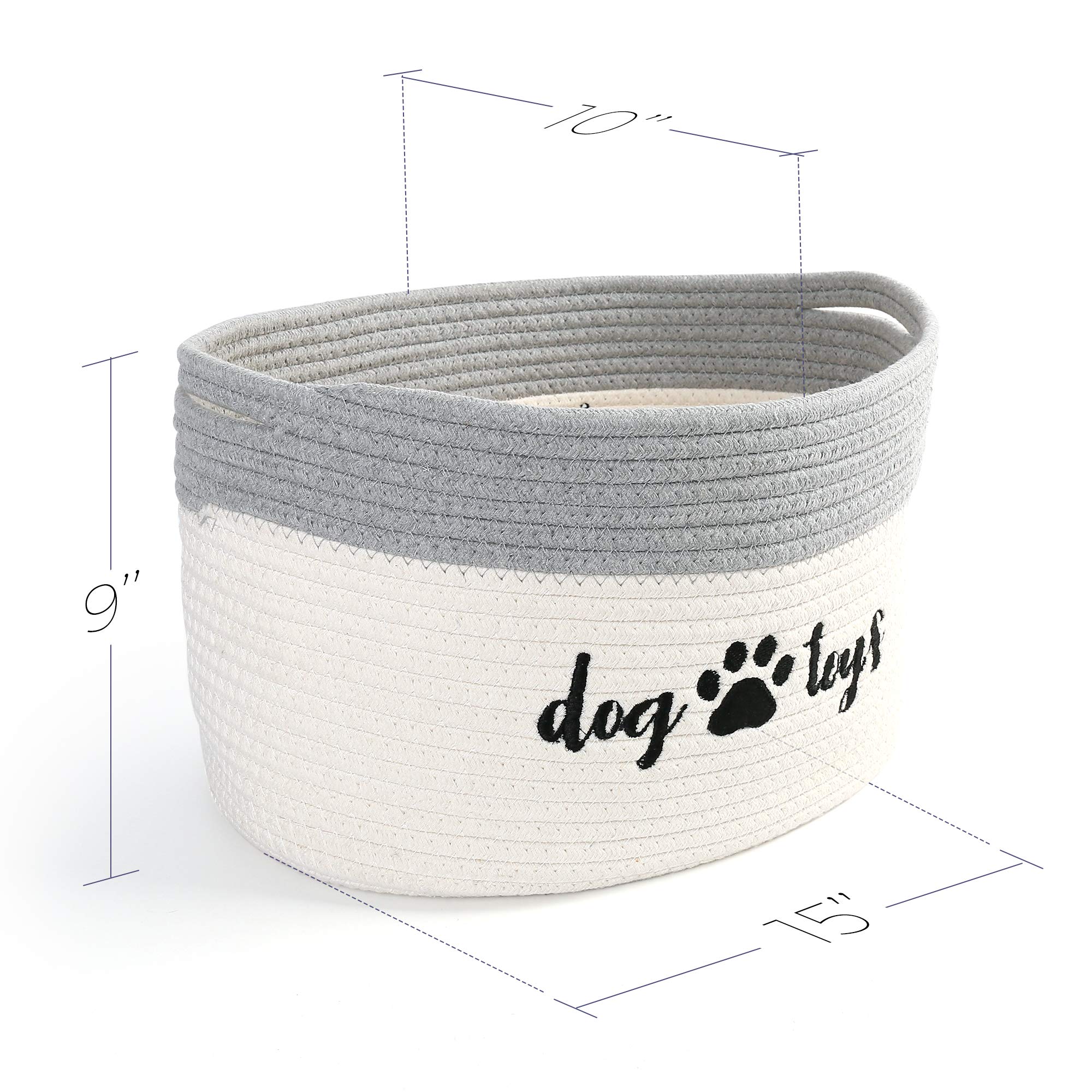 PrimePets Cotton Rope Dog Toy Basket - Small Woven Storage Bin with Handles for Dog Toys (15x10x9 inches) - White and Grey Pet Organizer for Living Room, Bedroom & Pet Play Areas