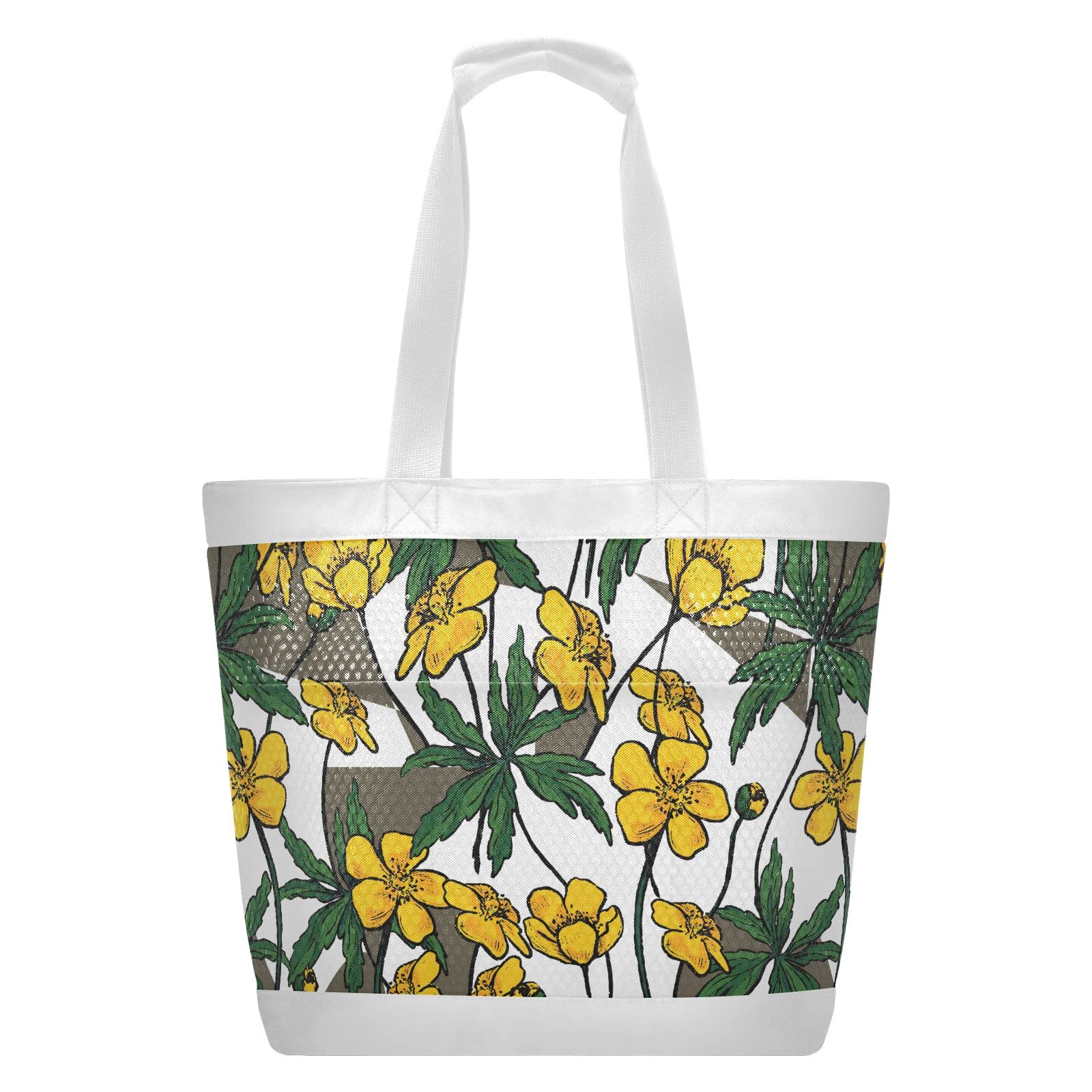 J JOYSAY Buttercup Anemone Floral Mesh Beach Tote Bag - Large Water-Resistant Packable Carry-On Beach Bag for Women | Perfect for Pool, Vacation & Summer Travel Accessories