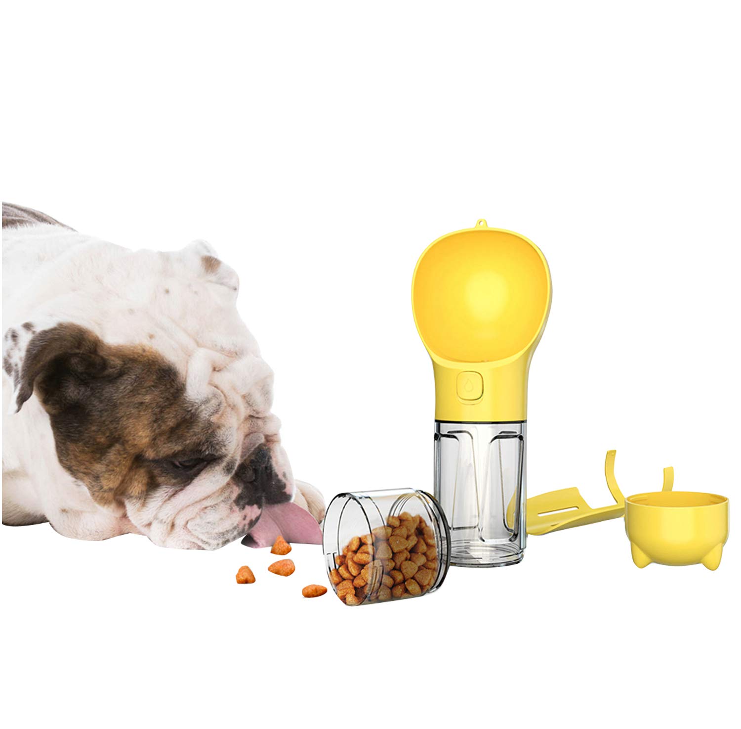 **Portable Dog Water Bottle with Bowl & Eco Bag - 300ml Lightweight Travel Water Bottle for Dogs, Includes Shovel & Food Storage - Perfect for Walking, Hiking, and Outdoor Adventures (Yellow)**