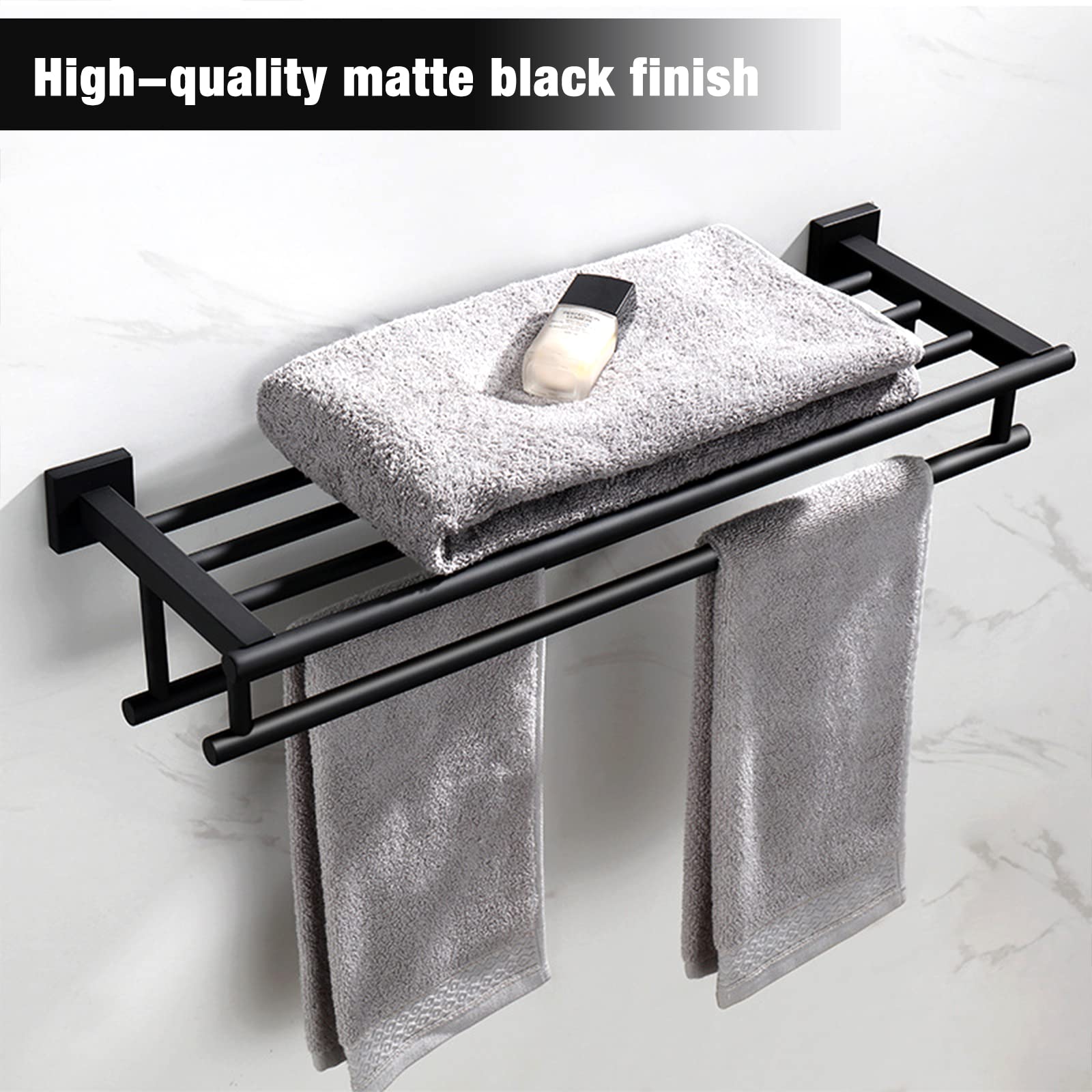 Stainless Steel Towel Shelf with Double Towel Bar - 27.5 Inch Wall Mounted Bathroom Organizer | SUS304 Matte Black Finish | Perfect for Bathroom, Hotel & Spa Decor