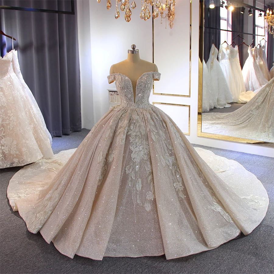 Elegant Off Shoulder Beaded Wedding Gown with Long Train - Perfect for Bridal Ceremonies, Vow Renewals & Formal Events