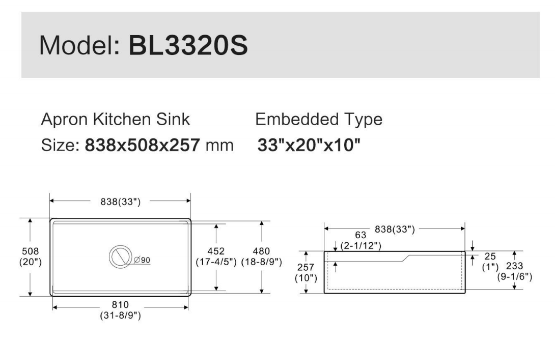 Premium Ceramic Farmhouse Sink BL3320S with Drainboard - Durable Kitchen Workstation Sink for Modern Farmhouse & Rustic Style Homes - Perfect for Meal Prep, Washing Dishes & Large Cookware