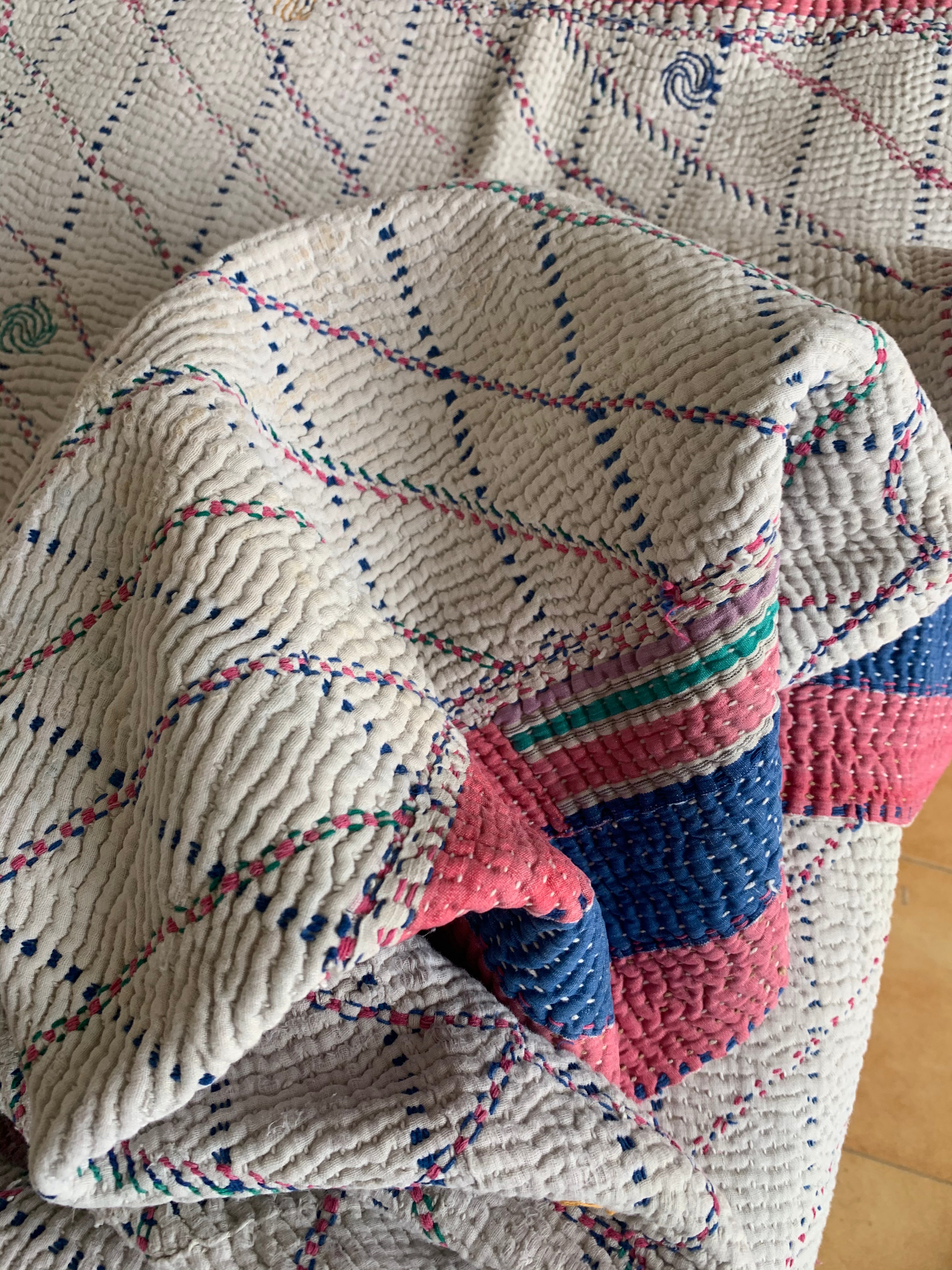 Handmade Kantha Blanket - Soft Blue & White Cotton Throw for Cozy Home Decor, Bed, Sofa & Travel