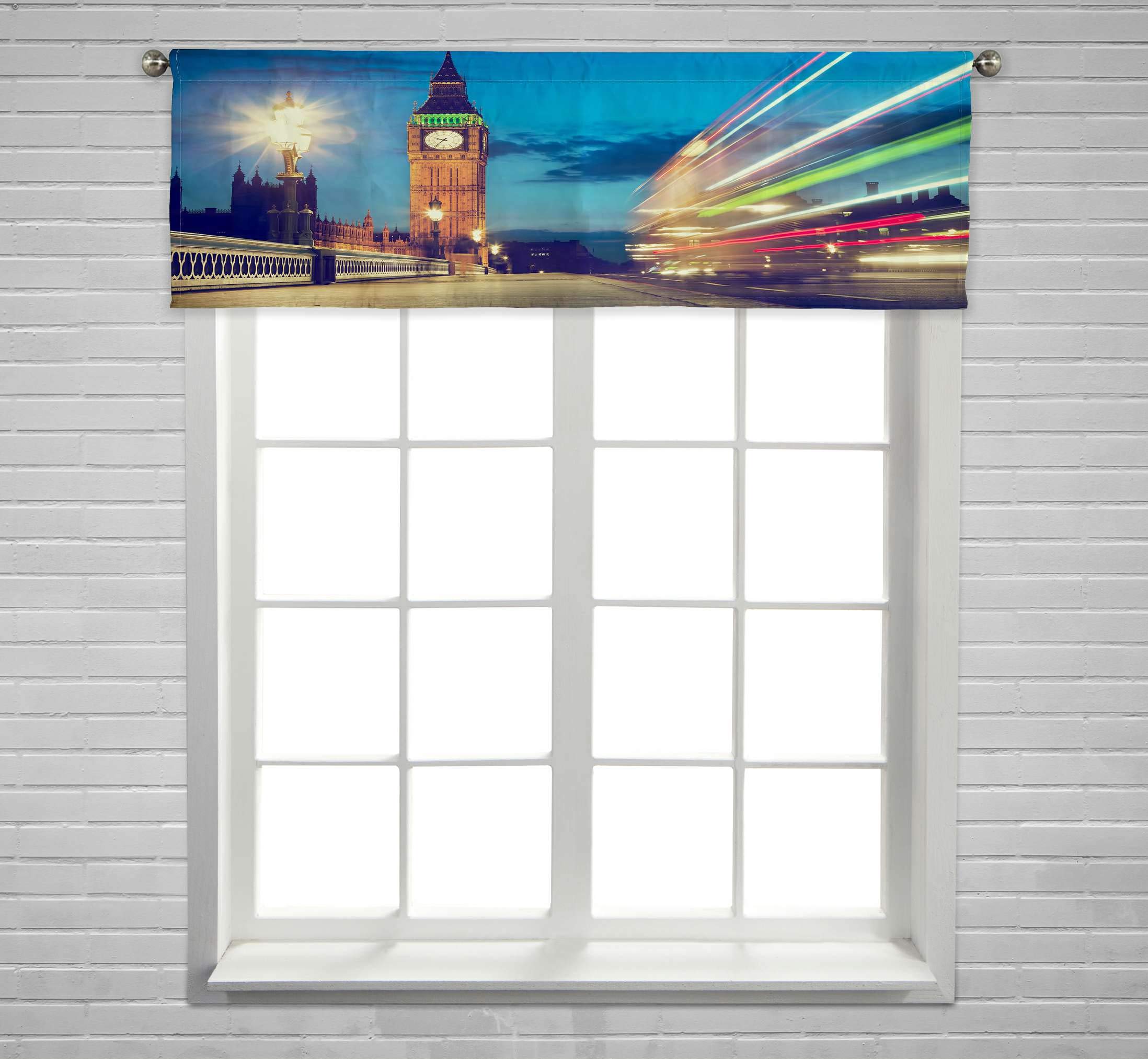 London UK Red Bus Big Ben Westminster Palace Night Window Curtain Valance - 54x18 Inch Rod Pocket - Perfect for Living Room, Bedroom & Office Decor