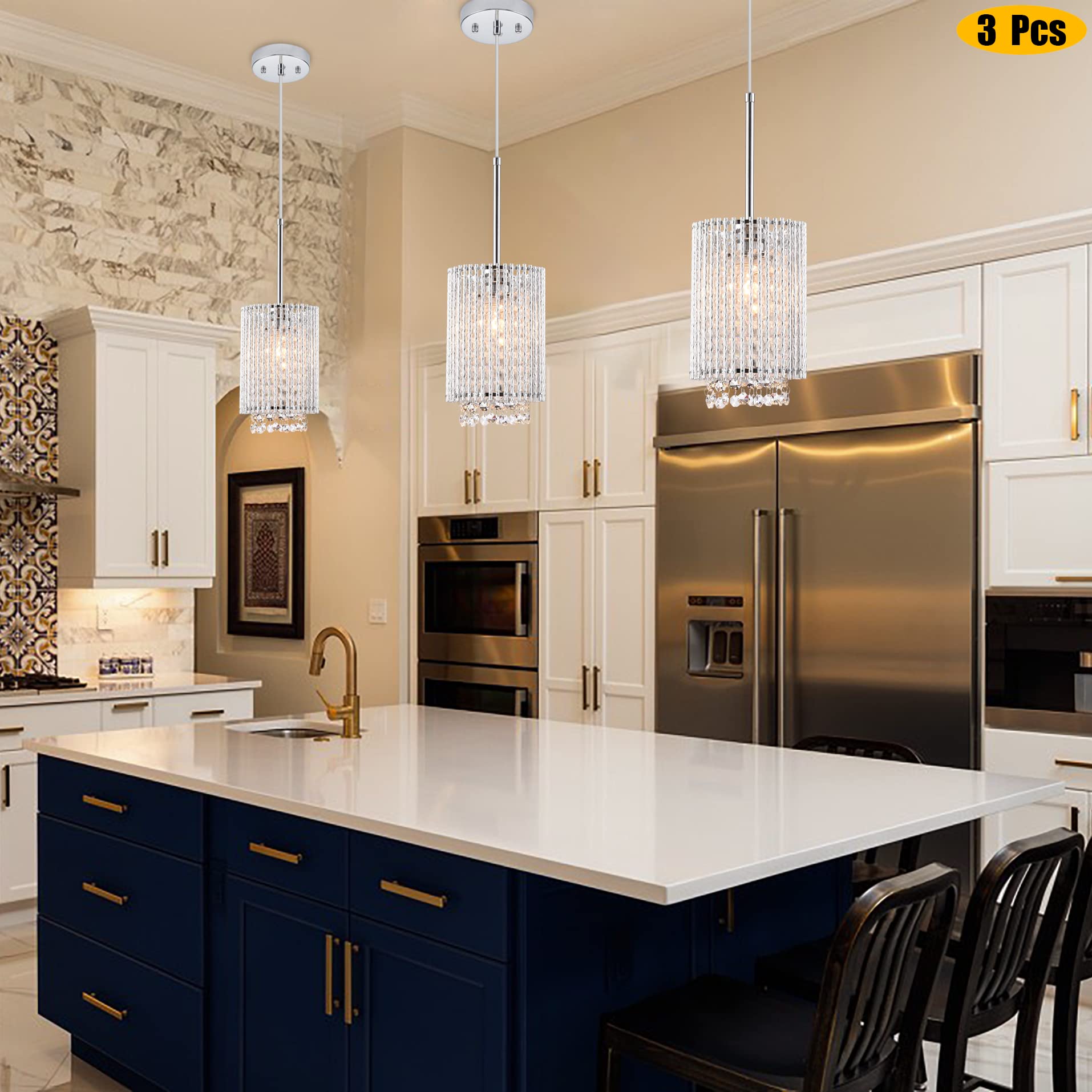 3 Pack Farmhouse Pendant Lights - Crystal Hanging Chandelier for Kitchen Island, Dining Room, Bedroom & Bar - Modern Ceiling Fixture with E26 Base - Perfect for Home Decor, Restaurant Lighting & Commercial Spaces