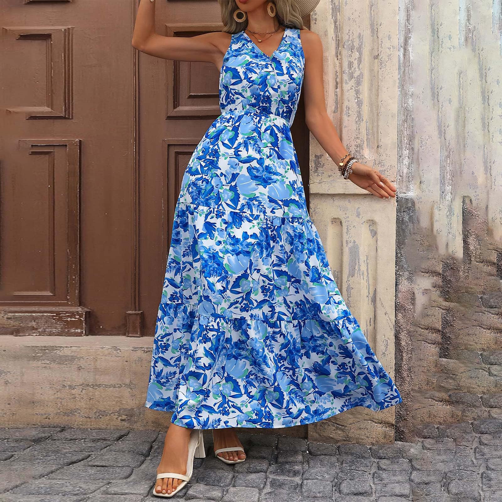 2024 Women's Sleeveless V-Neck Floral Maxi Dress - Casual Loose Flowing Sundress for Beach, Vacation & Summer Outfits | Plus Size Options Available