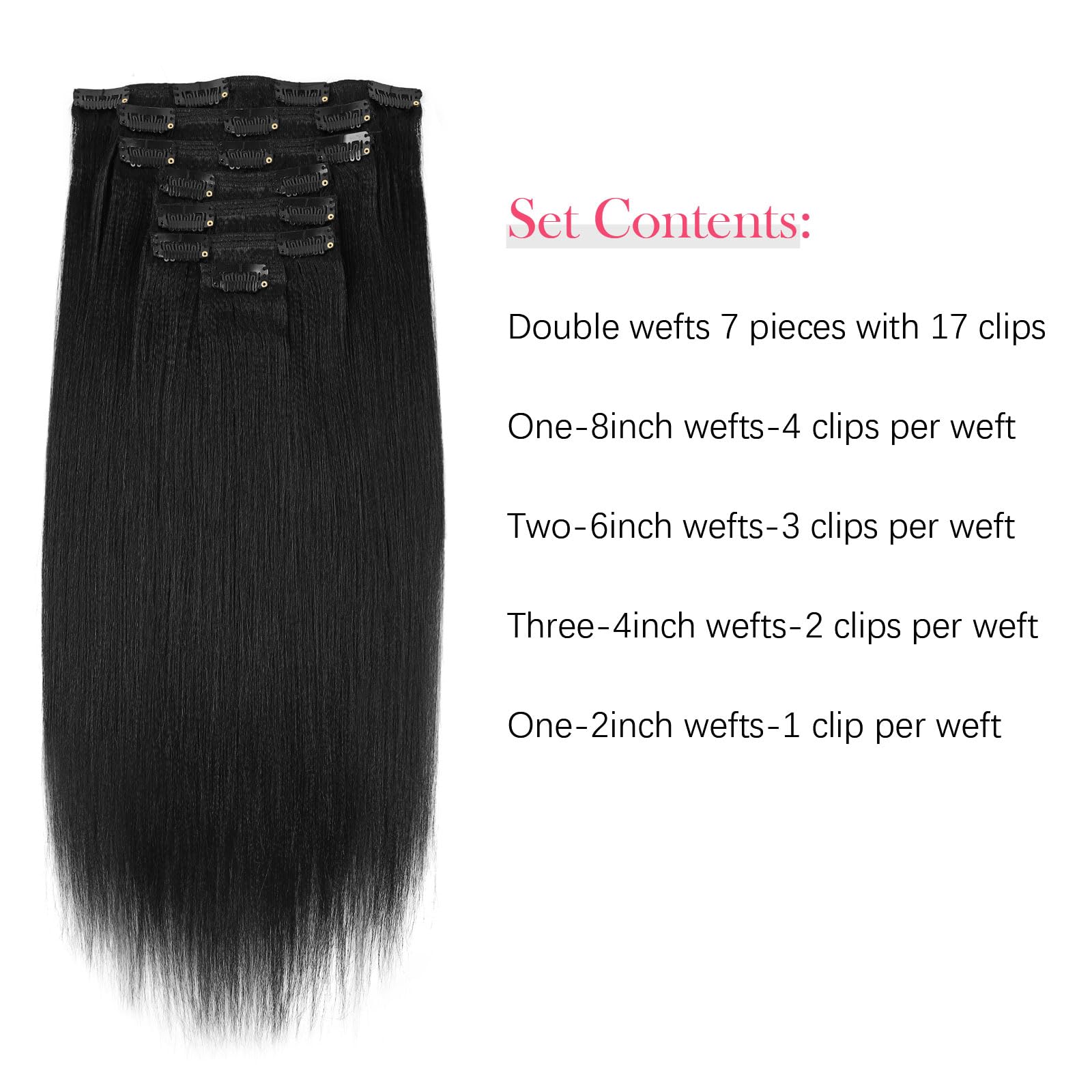Sassina 22 Inch Yaki Clip-in Human Hair Extensions - Double Weft Remy Straight Hair for Black Women - 7 Pieces with 17 Clips (120g, Jet Black #1) - Perfect for Daily Styling, Parties & Special Occasions