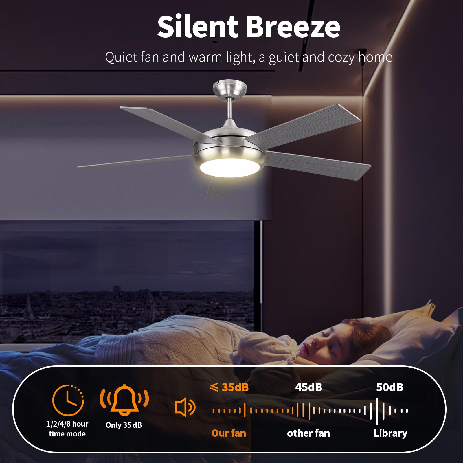 Ovlaim 52 Inch Ceiling Fan with Light Remote Control - 6 Speed Quiet DC Motor, 5 Wood Blades for Living Room & Bedroom - Perfect for Home Cooling and Air Circulation