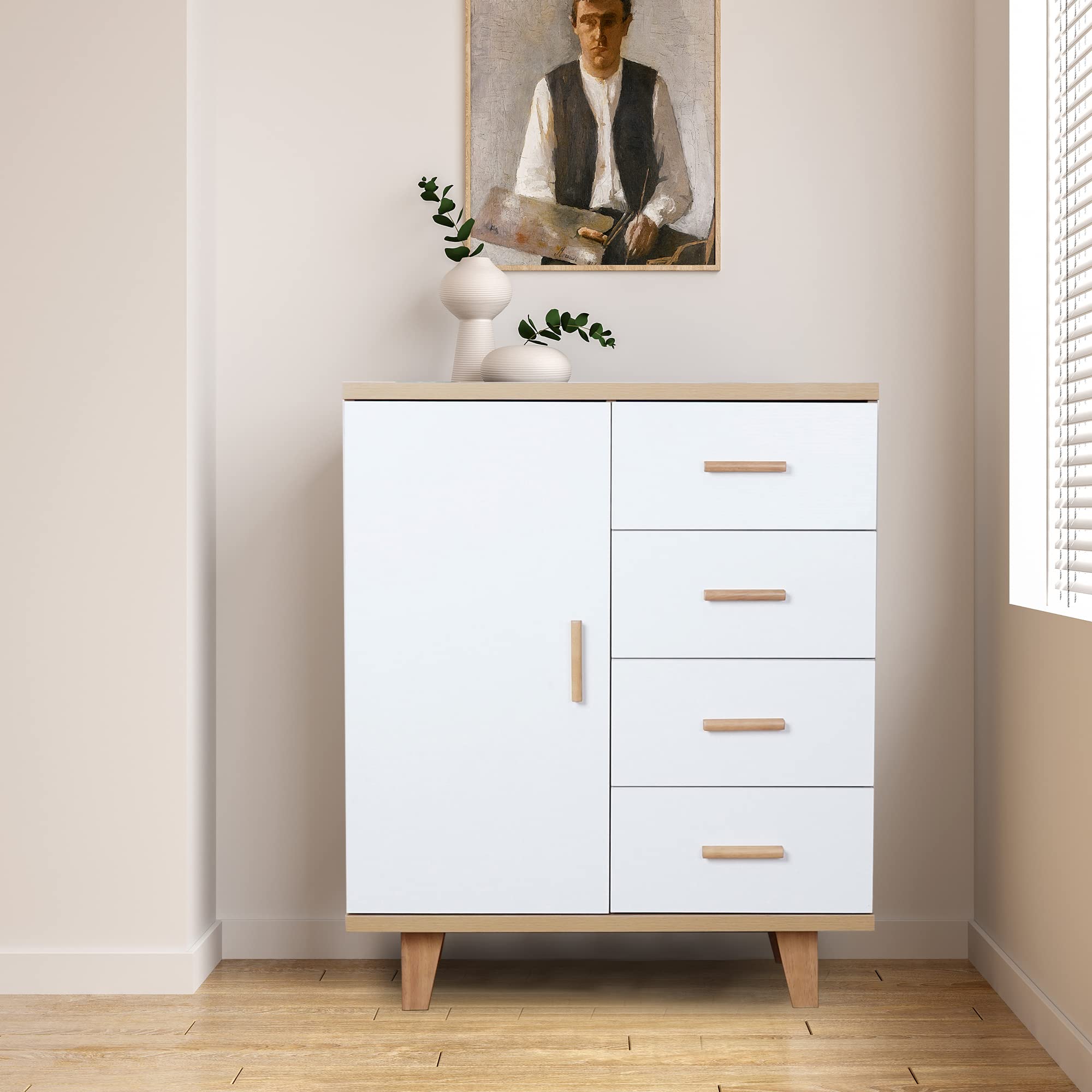 Wood Dresser with 4 Drawers & Door - Bedroom Storage Cabinet for Closet & Living Room