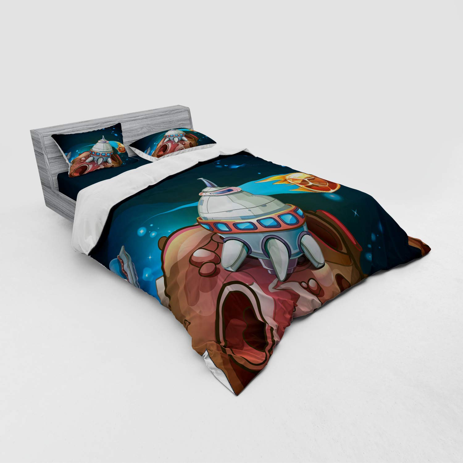 Ambesonne Spacecraft Planets Duvet Cover Set - Queen Size 4-Piece Bedding with Shams & Fitted Sheet - Outer Space Galaxy Cosmic Theme with Rocket Stars Illustration - Perfect for Kids Room, Sci-Fi Lovers & Astronomy Themed Bedrooms