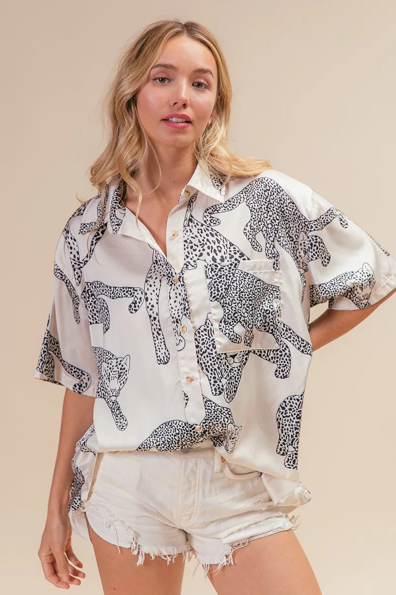 BiBi Leopard Print Short Sleeve Silky Satin Shirt Top for Women - Stylish Blouse for Casual Wear, Office Outfits & Night Out