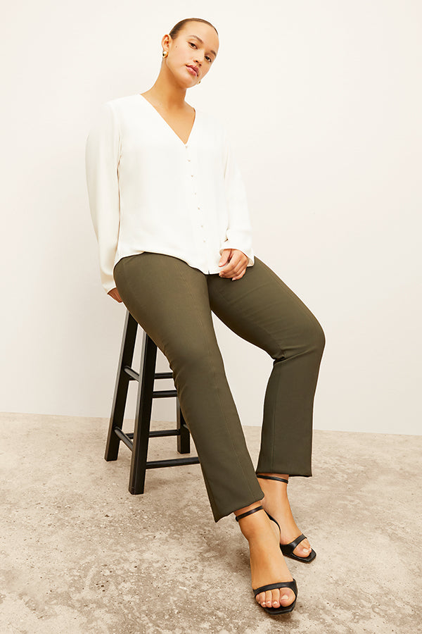 Foster Cigarette Pants for Women - PowerStretch High Waist Slim Fit Trousers in Dark Olive | Perfect for Work, Travel & Outdoor Activities