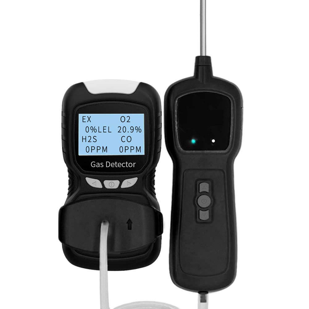 Portable 4 Gas Detector with Pump & Probe - Rechargeable Air Quality Monitor for CO, O2, H2S, Combustible Gases - LCD Display with Sound/Light Alarms - Ideal for Industrial Safety, Confined Space Entry & Home Air Quality Testing