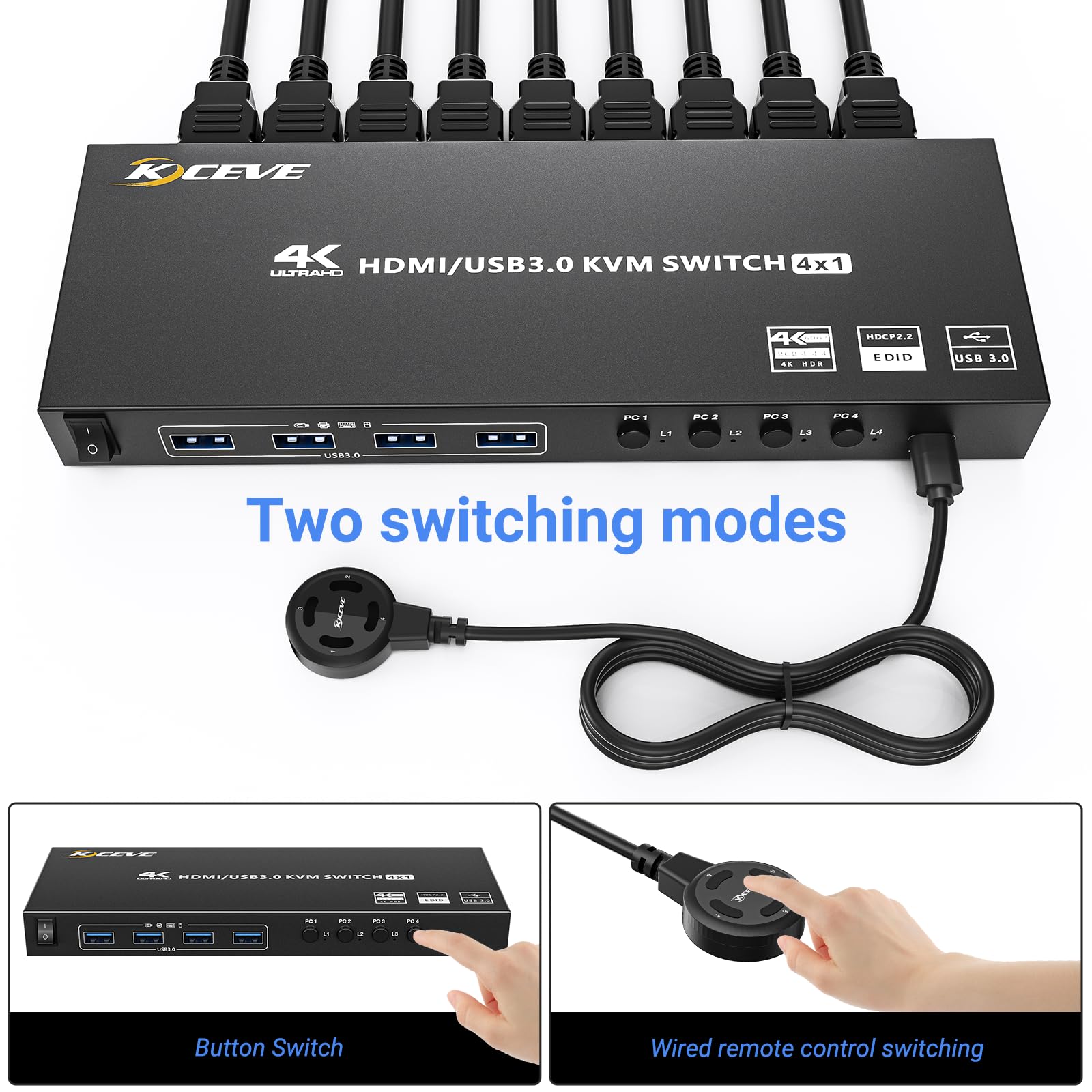 4K@60Hz USB 3.0 KVM Switch for 4 Computers - HDMI 4 Port Hub with EDID Emulator, Supports 2K@144Hz, Share 1 Monitor & 4 USB 3.0 Devices | Includes Wired HDMI+USB 3.0 Cables & Controller | Perfect for Home Office, Gaming Setup & Multi-PC Workstations