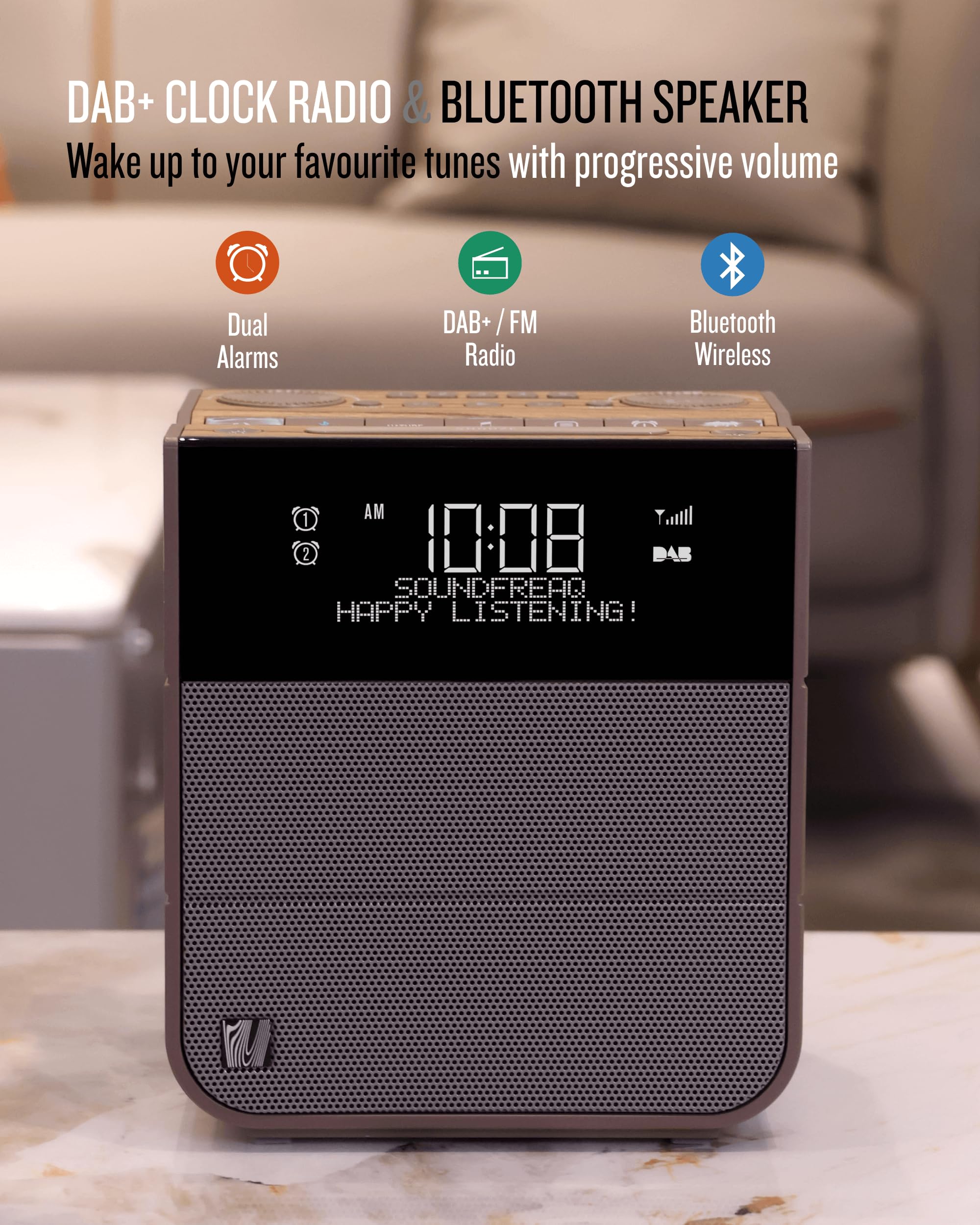 Soundfreaq Sound Rise DAB SFQ-17 - Bluetooth Alarm Clock Radio with DAB+/FM, Dual Alarm, Large Display, USB Charging & Nature Sounds - Perfect for Bedroom, Office, Travel & Relaxation