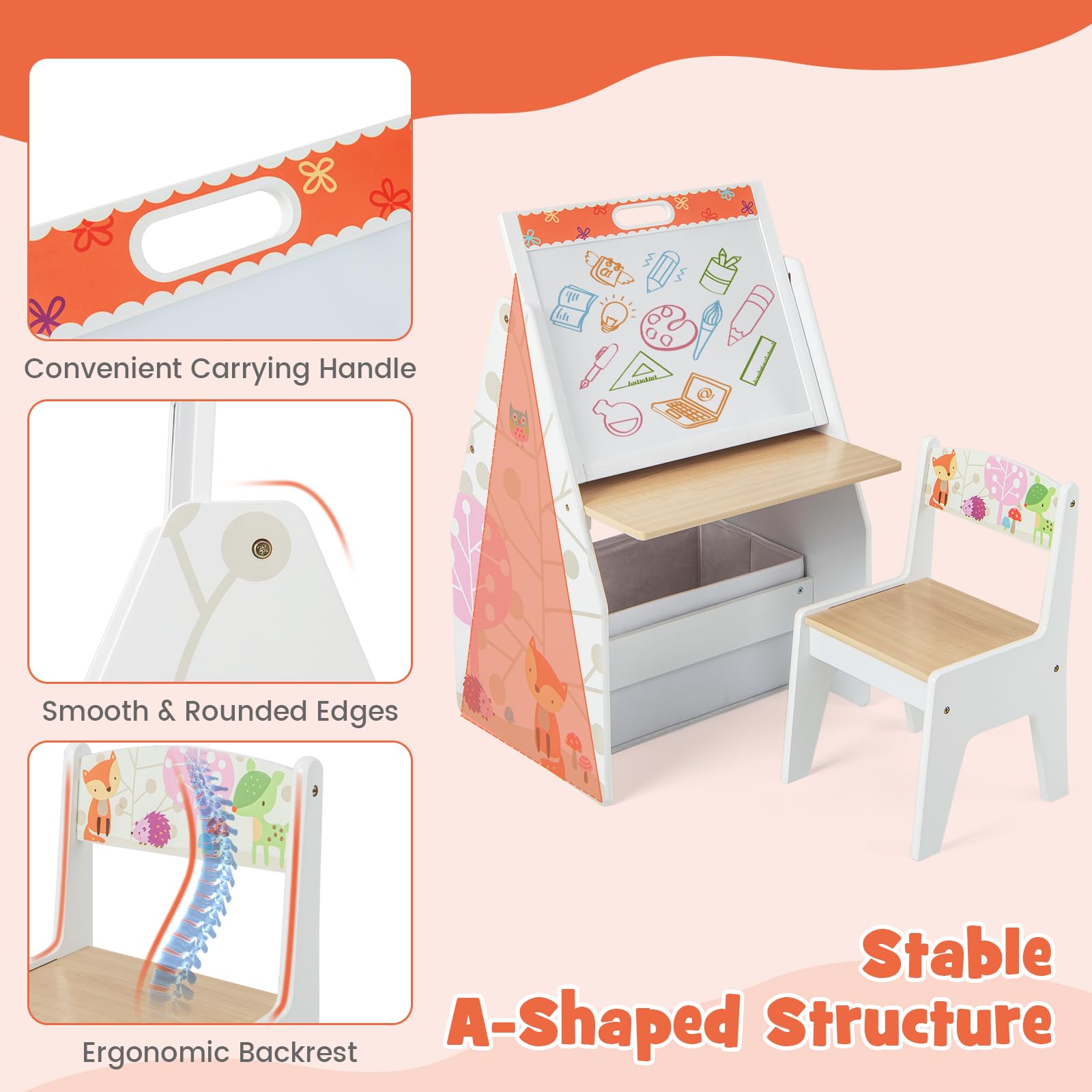 HONEY JOY Kids Art Easel - Adjustable Double-Sided Wooden Toddler Table & Chair Set with Magnetic Whiteboard & Chalkboard, Bookshelf & Storage Bin - Perfect for Arts & Crafts, Drawing & Learning - Ideal Gift for Boys & Girls (White) - Great for Home, Classroom & Playroom Activities