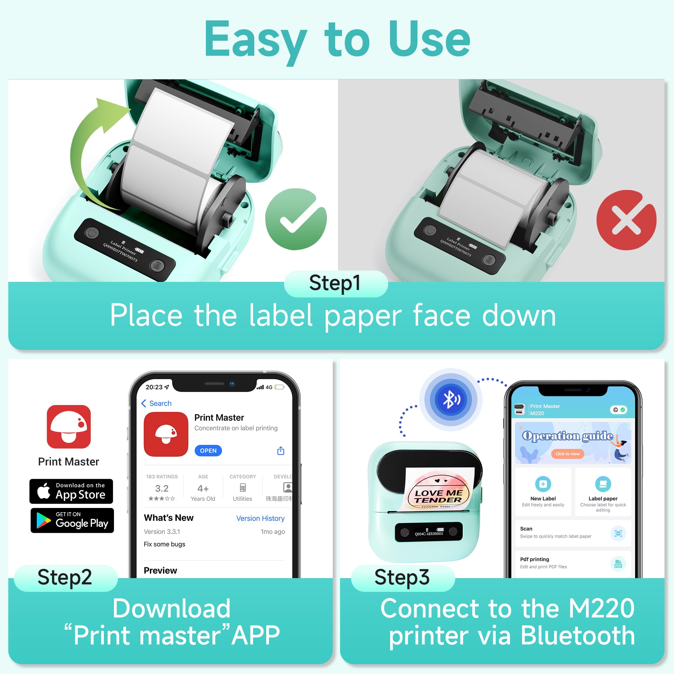 M220 Bluetooth Label Maker - Portable Thermal Sticker Printer for Small Business & Home Use | Compatible with Smartphone & PC | Prints 0.78-3.14 Inch Labels (Green) | Perfect for Organizing, Shipping & Craft Projects