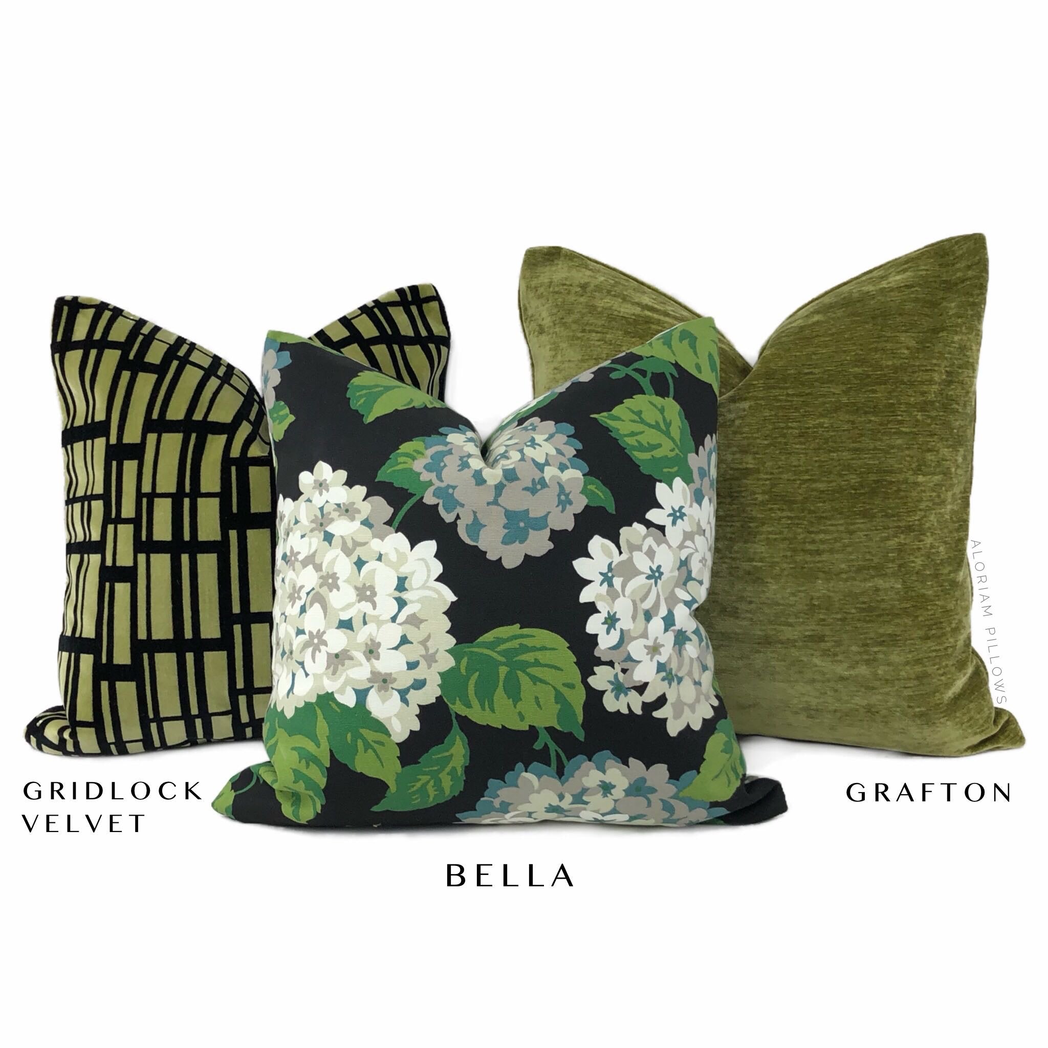 Bella Onyx Green Cream Gray Hydrangea Floral Print Pillow Cover - Decorative Throw Pillow Case for Sofa, Bedroom, Living Room & Home Decor