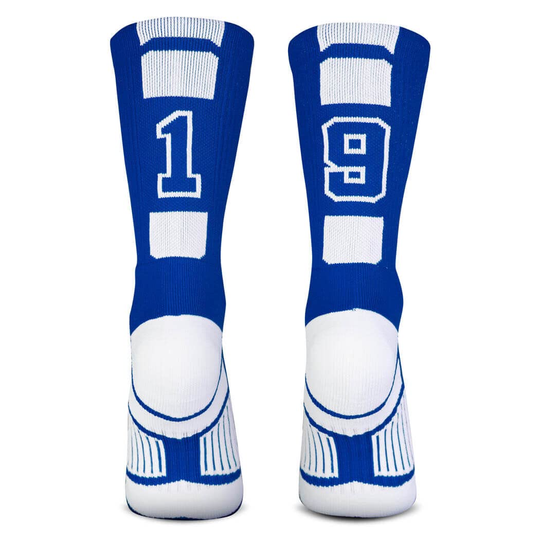 Custom Team Number Crew Socks for Youth & Adults - Athletic Sports Socks in Blue - Personalized with Your Chosen Number - Perfect for Basketball, Soccer, Baseball Games and Team Sports