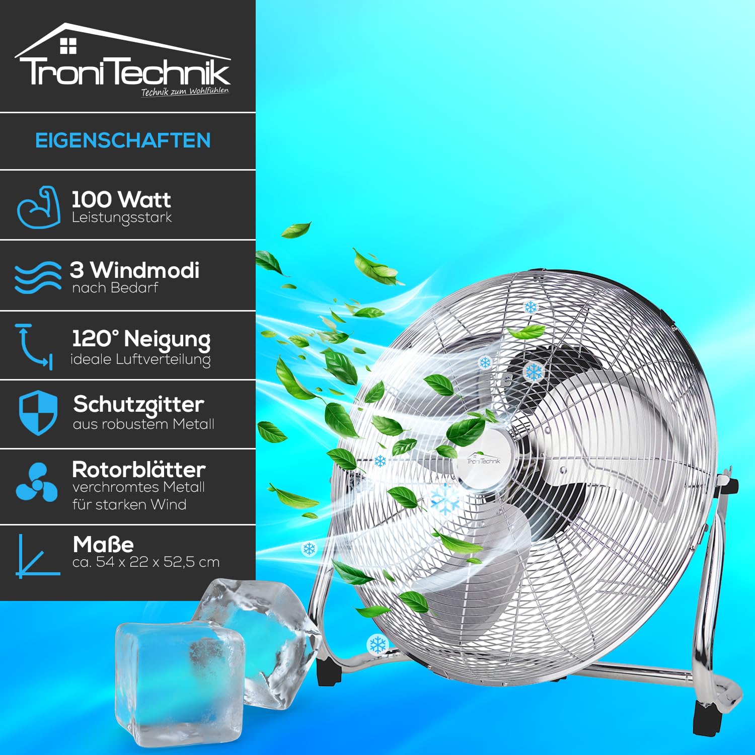 Tronitechnik® XL 45cm Floor Fan with Adjustable Angle & 3 Speed Levels - Powerful Metal Air Cooler for Home, Office, Bedroom & Living Room Cooling