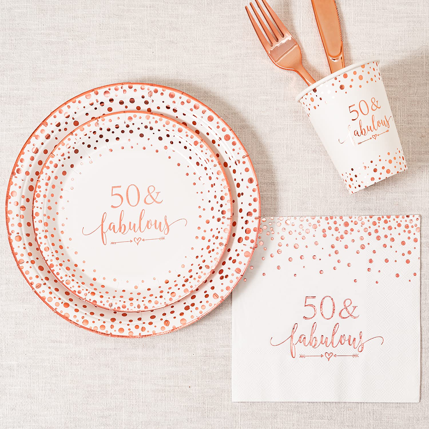 Elegant Rose Gold Foil 50-Piece Disposable Tableware Set for 50th Birthday Party - 24pc (9