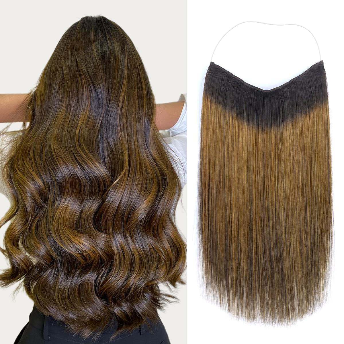 Marat 20 Inch 110g Dark Brown Mixed Chestnut Brown Remy Human Hair Extensions with Invisible Wire - Fish Line Technology for Natural Look | Perfect for Daily Wear, Parties & Special Occasions